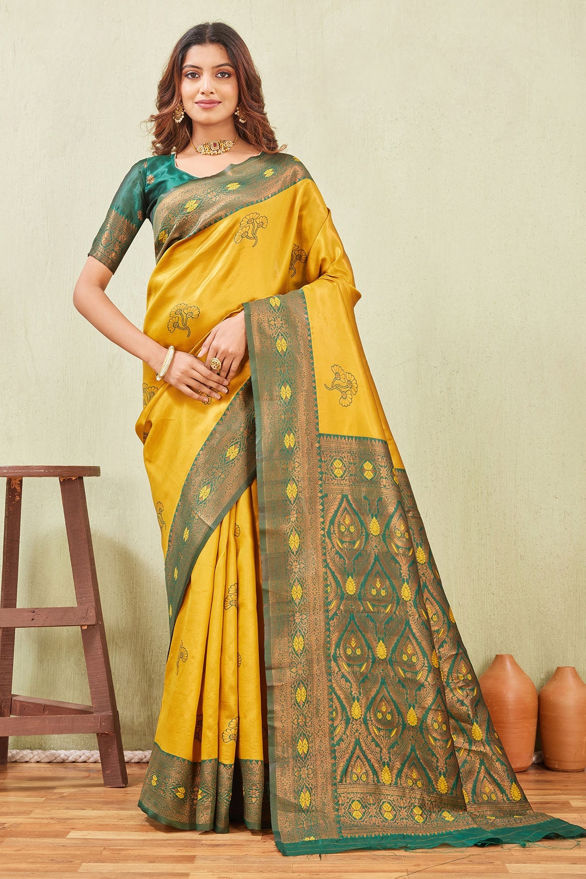 Buy Gold Banarasi Silk Floral Saree for women by Aastha Fashion online available at scrollnshops