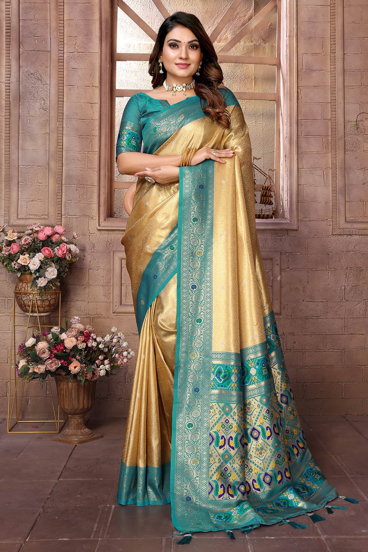Buy Gold Banarasi Tissue Silk Saree for women by Aastha Fashion online available at scrollnshops
