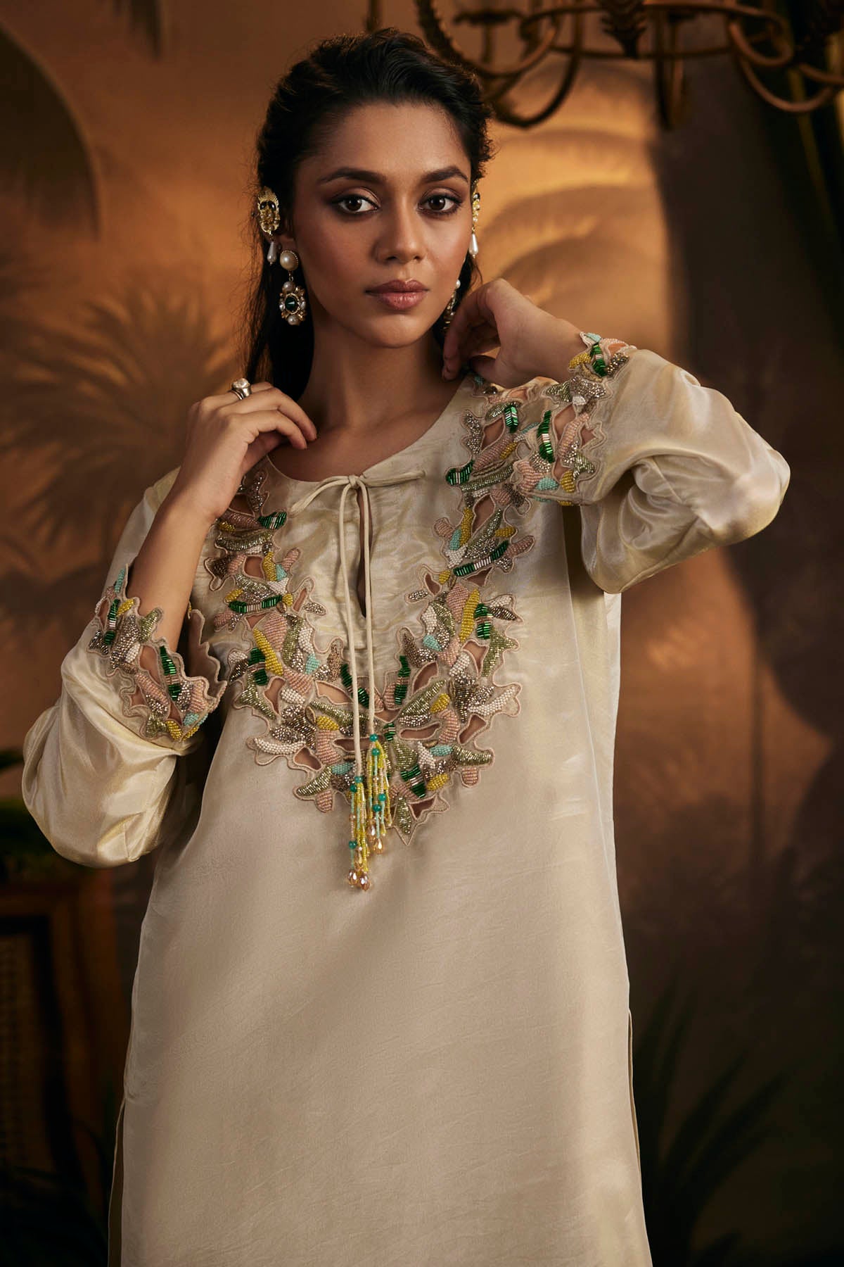 Gold Beads Embroidered Tunic Set