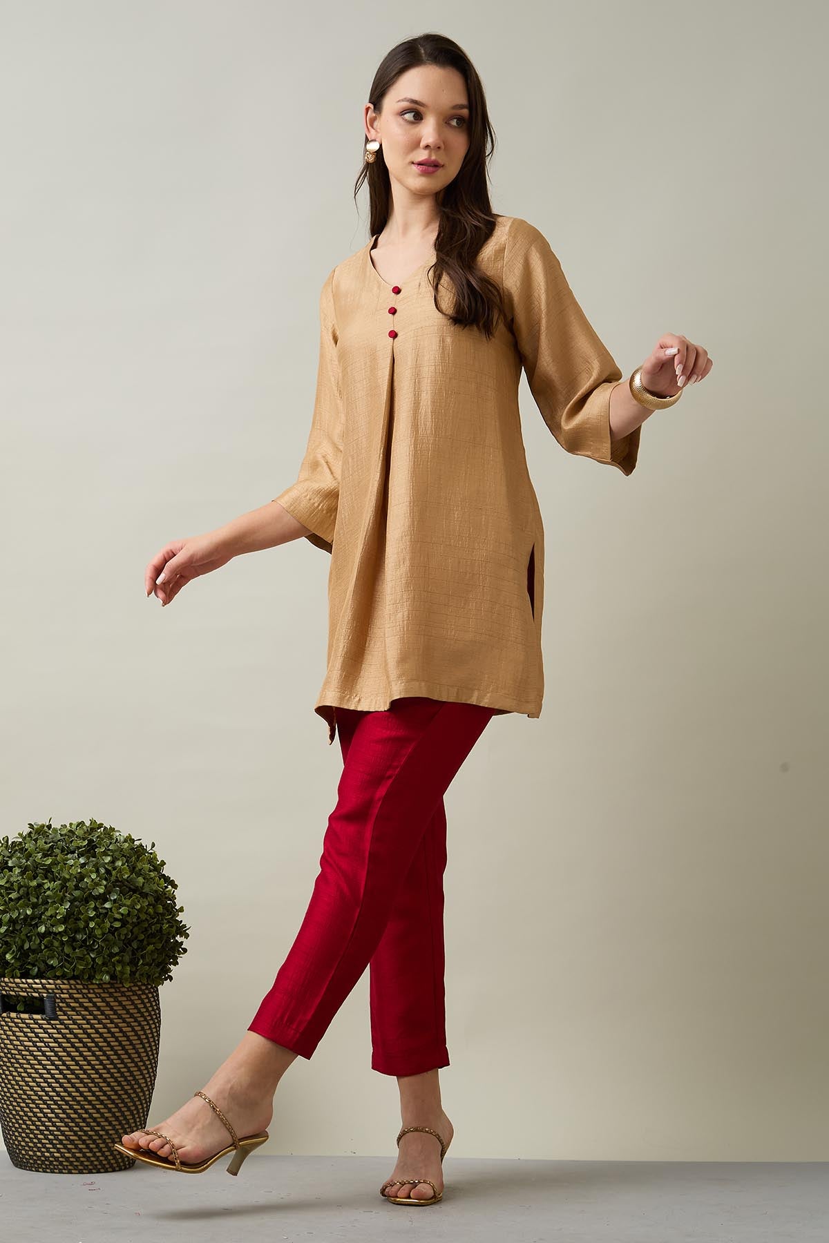 Gold Beige Silk Short Tunic Set