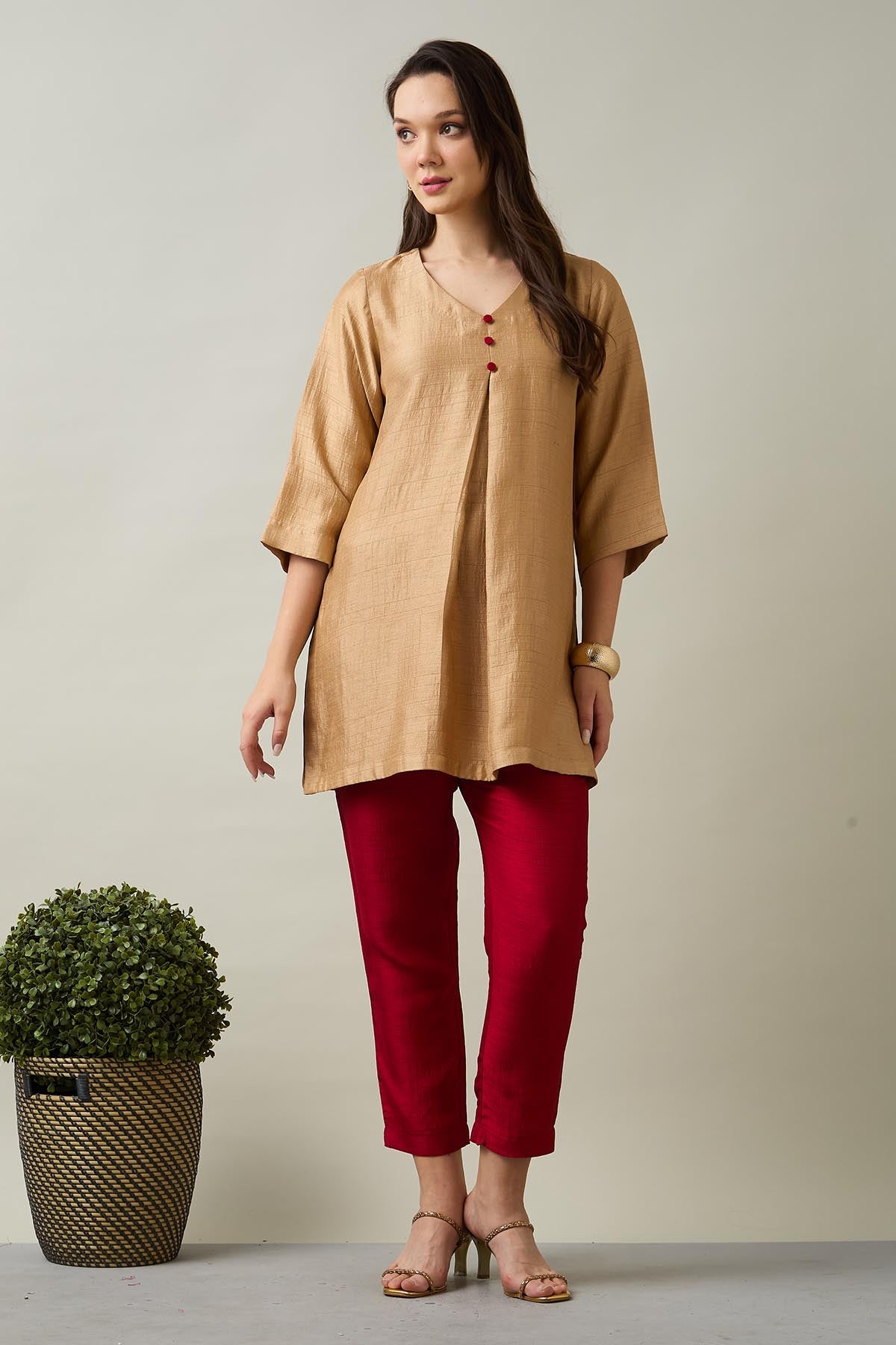 Buy Gold Beige Silk Short Tunic Set by SNEHA B for women online at ScrollnShops
