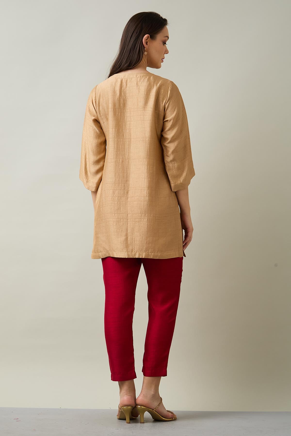 Gold Beige Silk Short Tunic Set