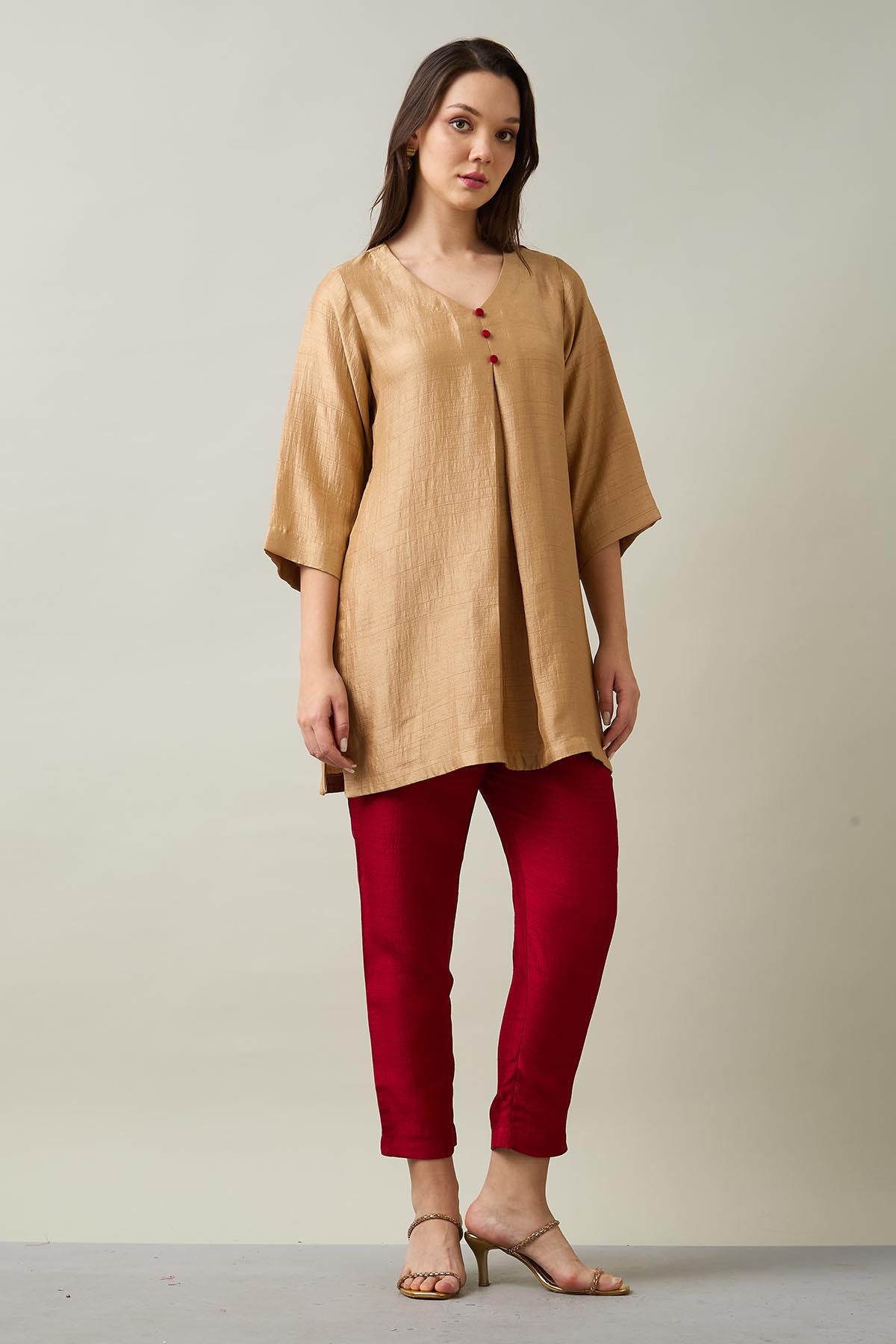 Gold Beige Silk Short Tunic Set