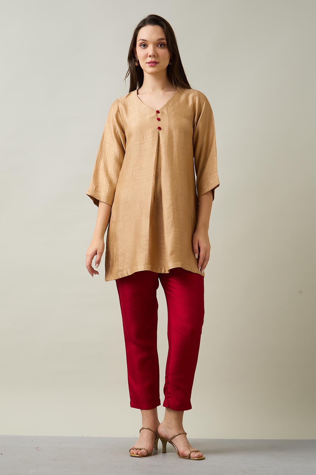 Gold Beige Silk Short Tunic Set