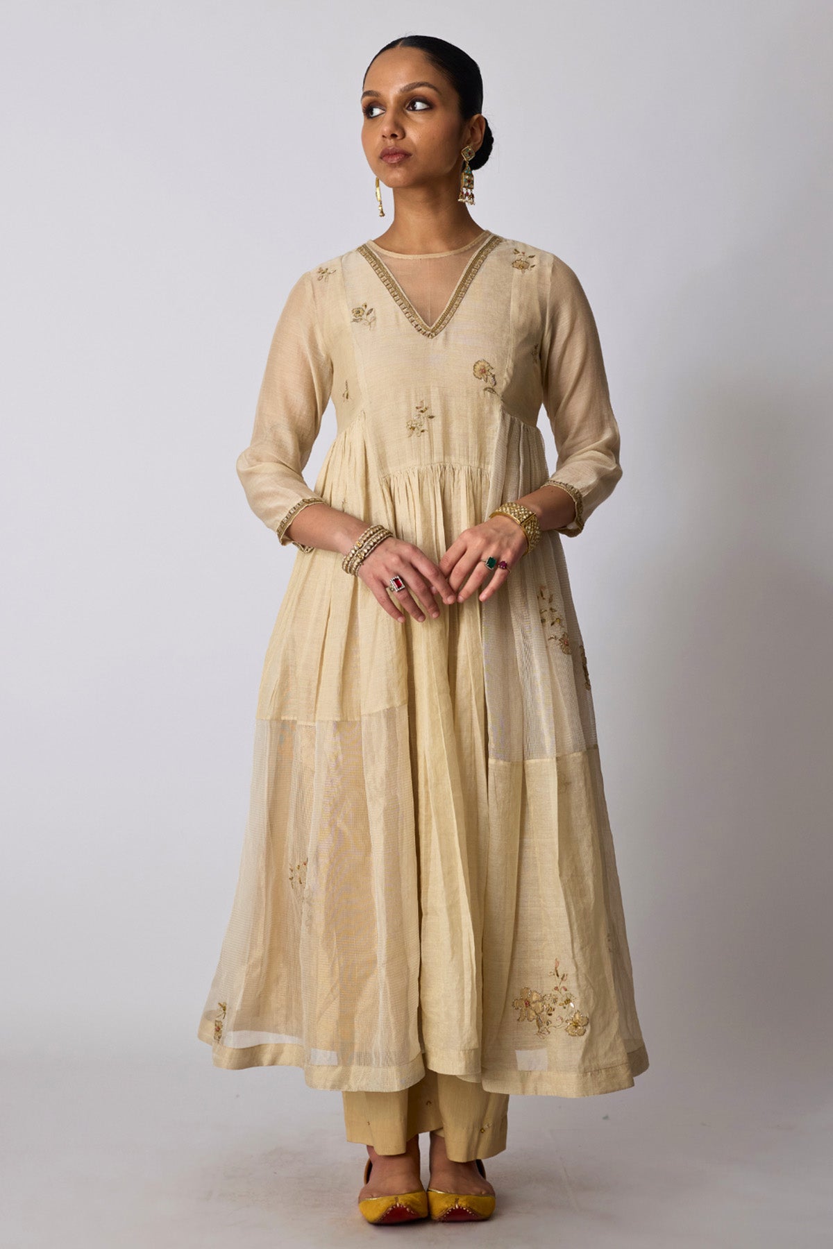 Gold Chanderi & Kota Kurta Set