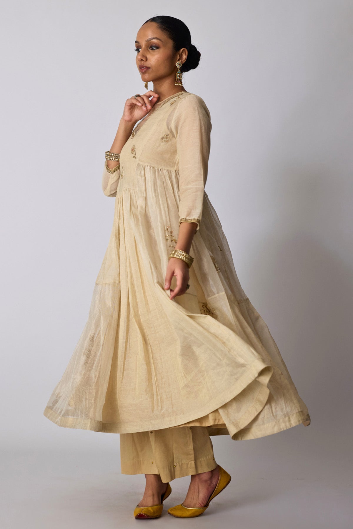 Gold Chanderi & Kota Kurta Set