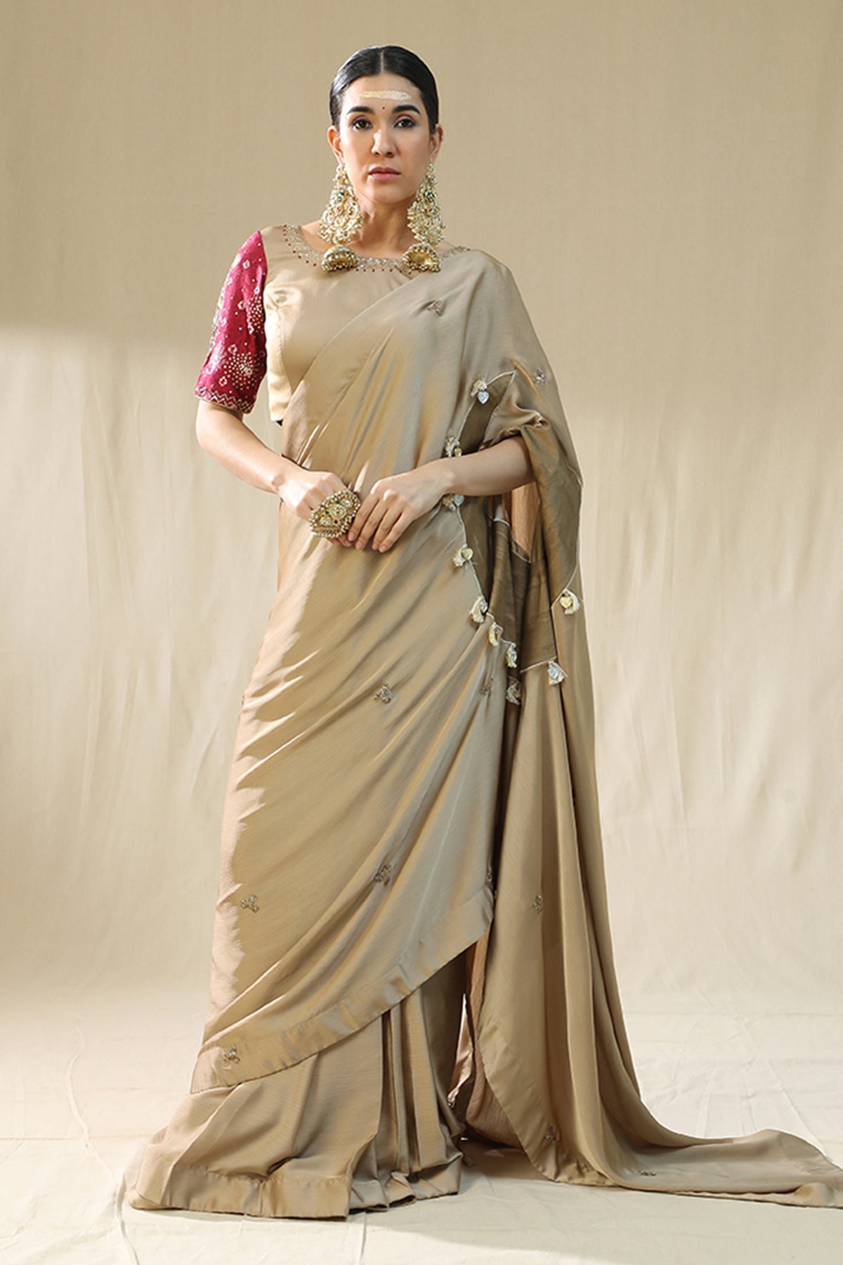 Buy Gold Chiffon Silk Saree & Blouse by Arpita Sulakshana for women online at ScrollnShops