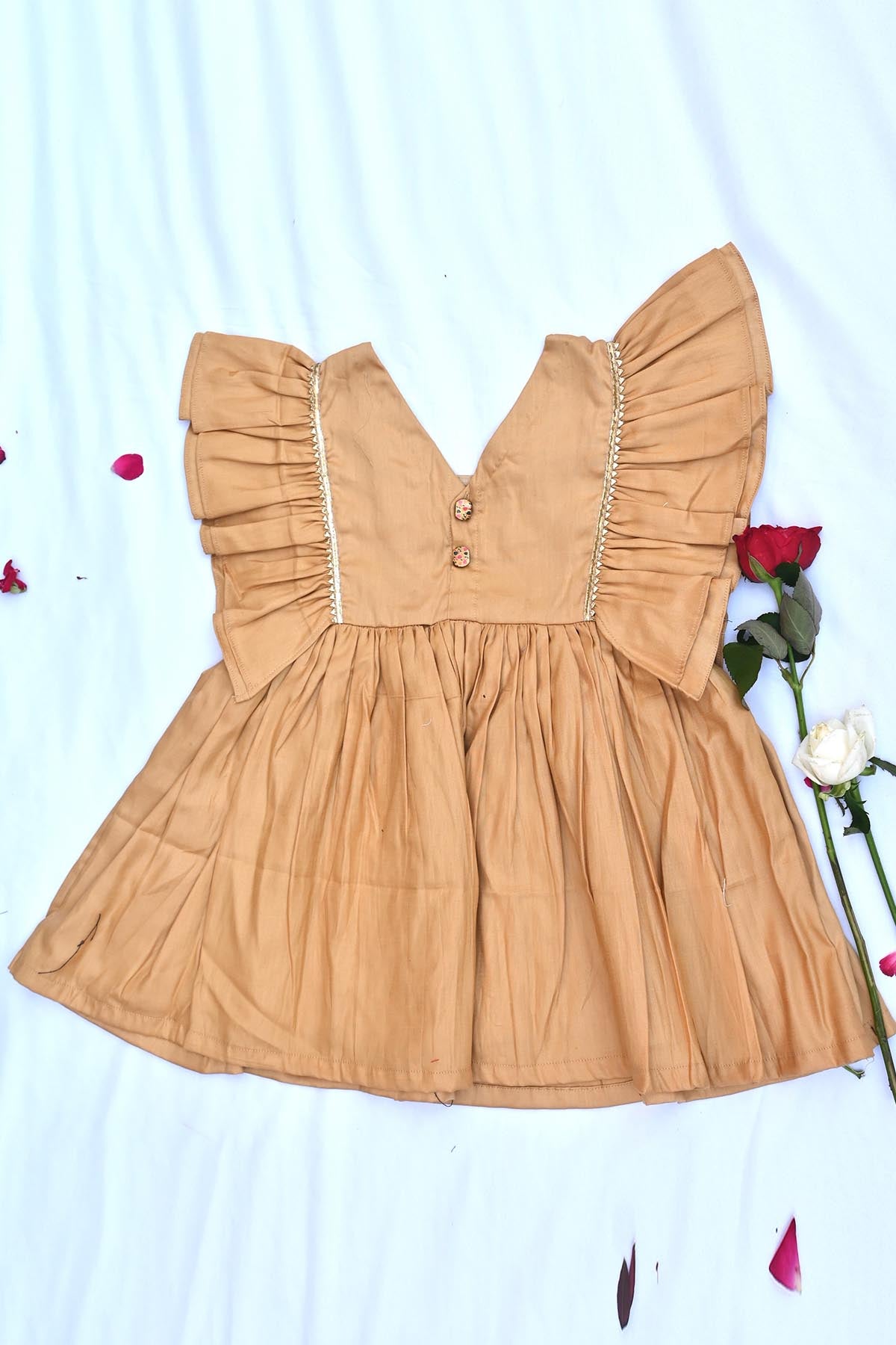 Buy Gold Cotton Silk Ruffle Dress by ViYa for Girls online at ScrollnShops