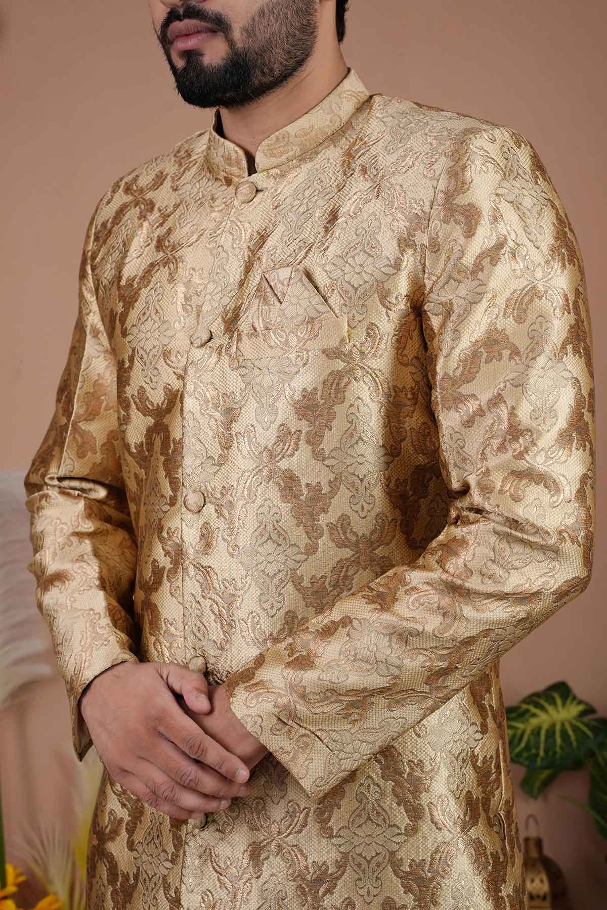 Gold Cotton Silk Sherwani Set