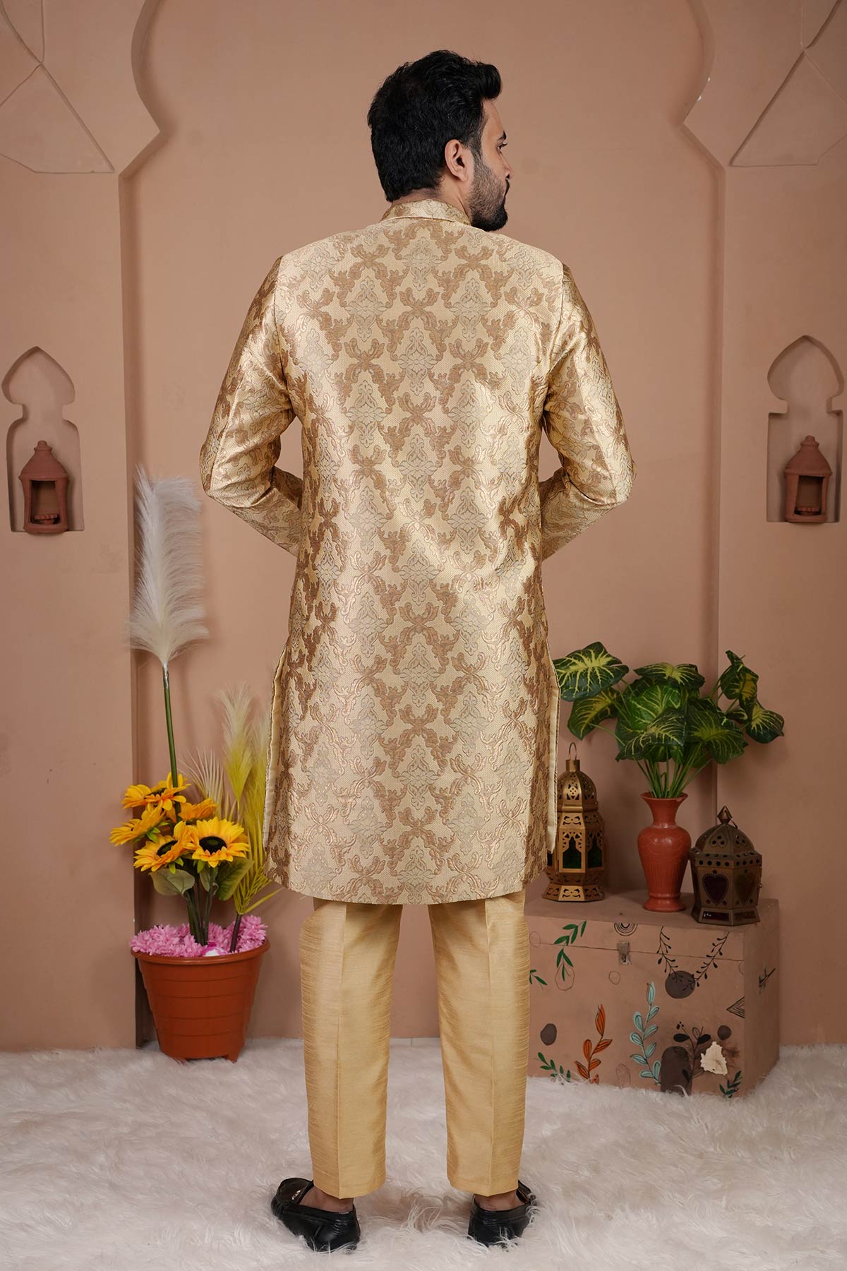 Gold Cotton Silk Sherwani Set