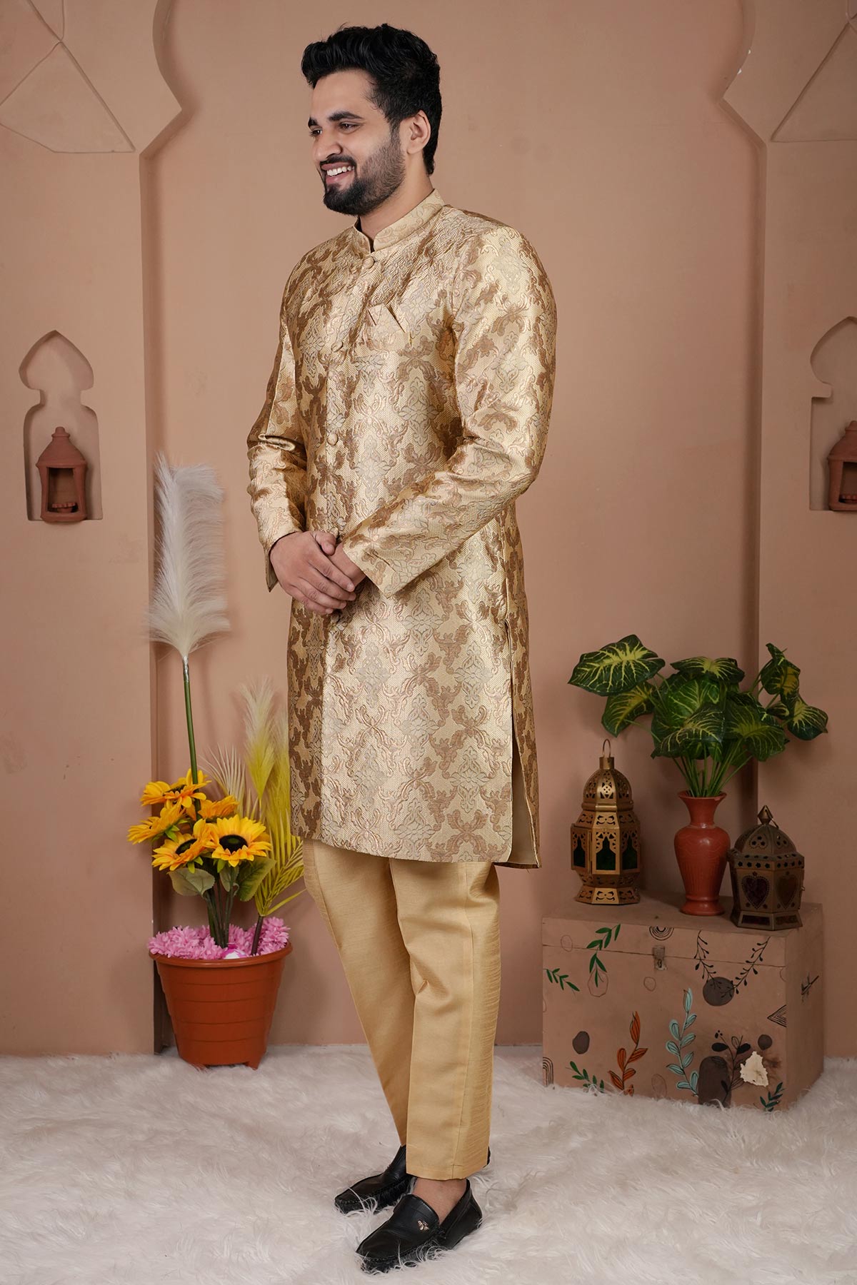 Gold Cotton Silk Sherwani Set