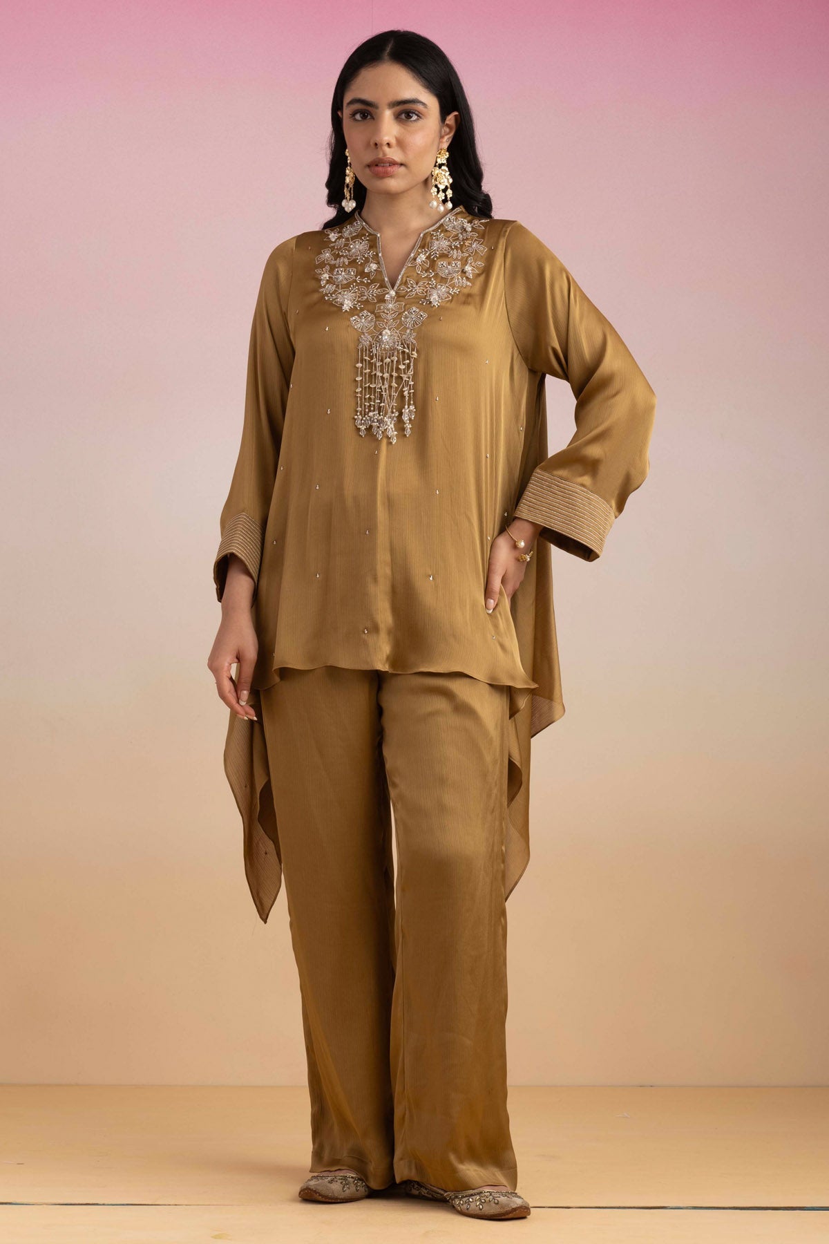 Ajiesh Oberoi Gold Crystal Strings Kaftan Set for Women online at ScrollnShops