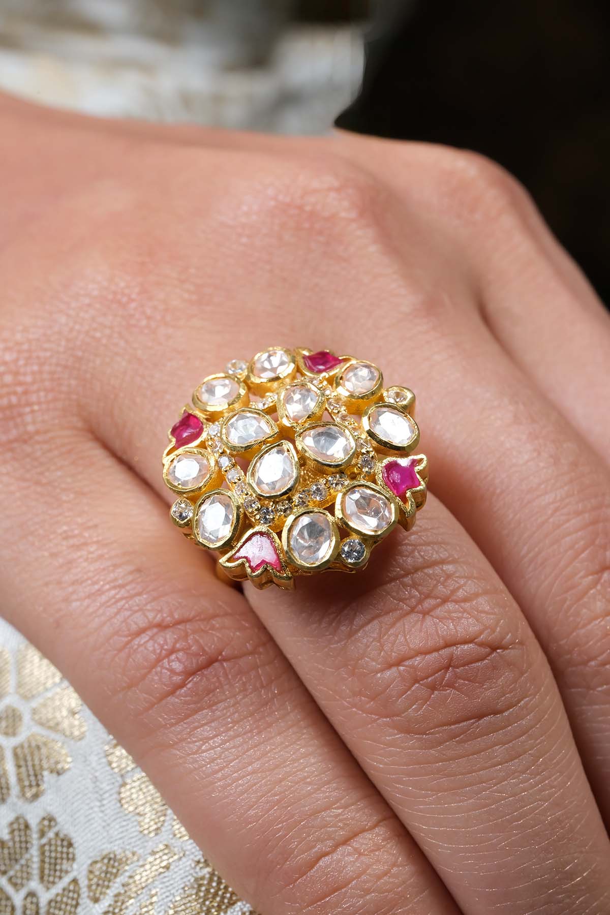 Sica Gold Cubic Zirconia Lotus Ring for jewellery online at ScrollnShops