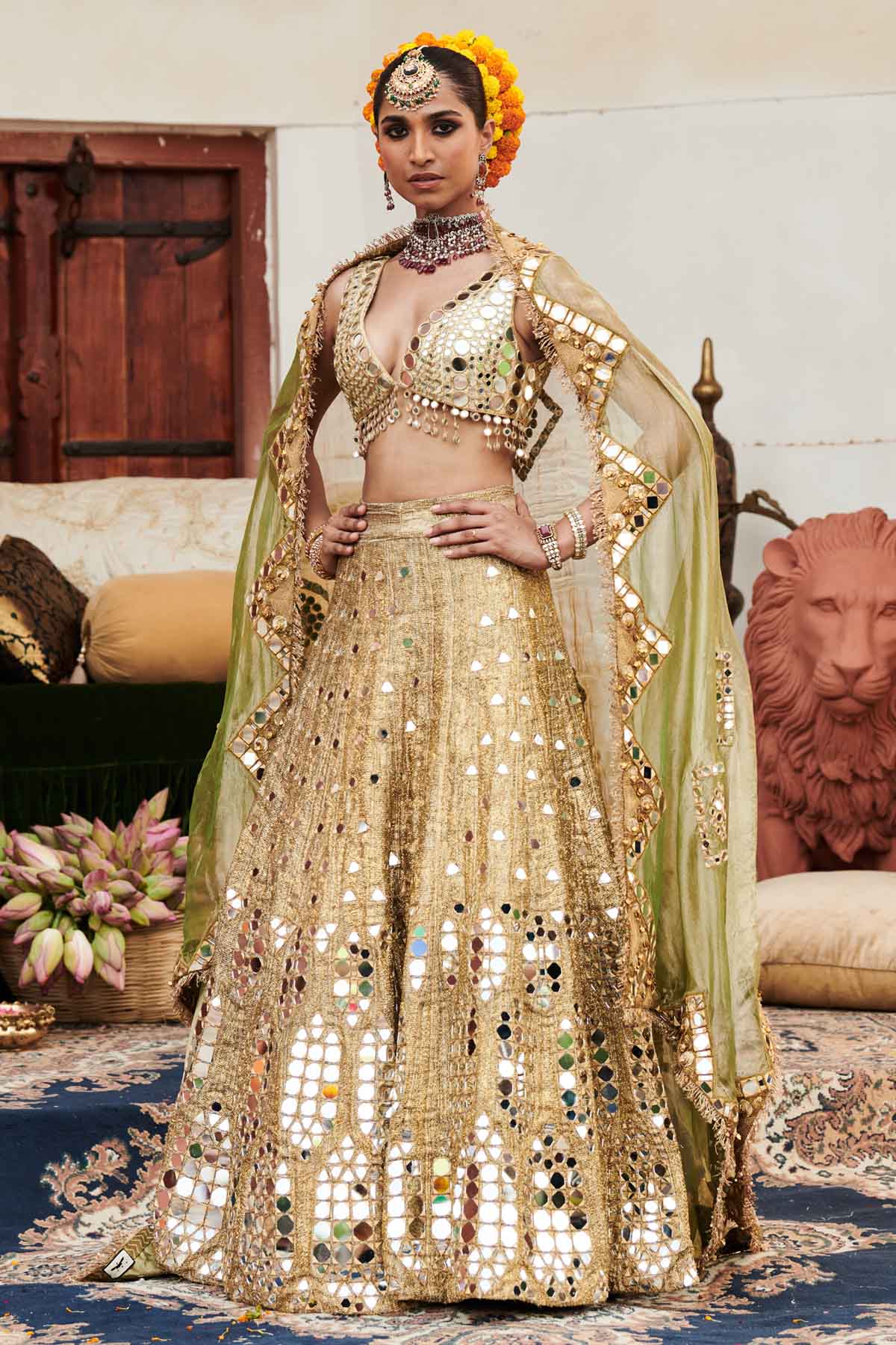 Gold Deep V-Neck Lehenga Set