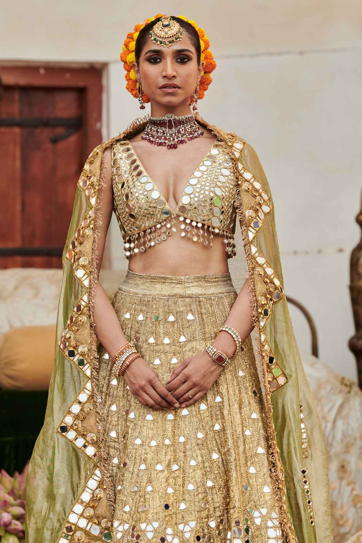 Gold Deep V-Neck Lehenga Set