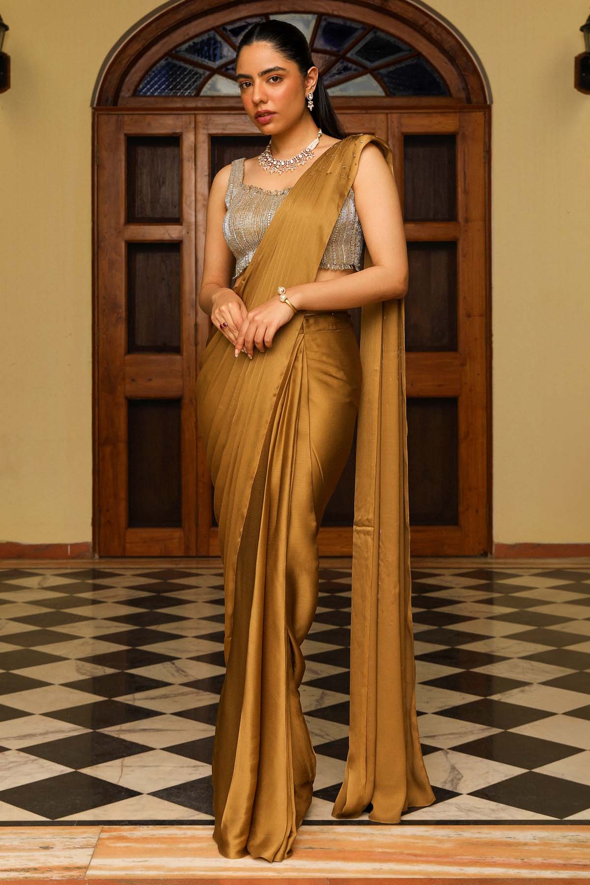 Ajiesh Oberoi Gold Dori Embroidered Saree for women online at ScrollnShops