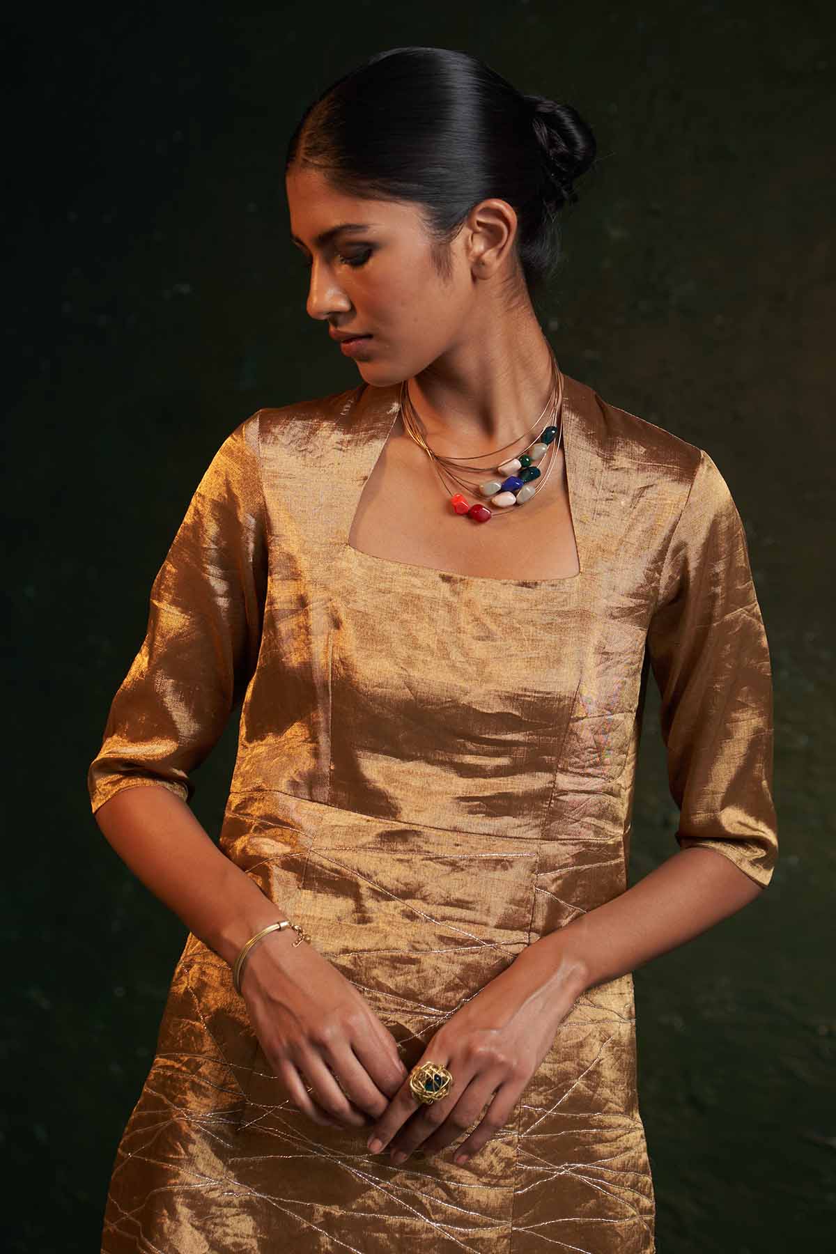 Gold Dori Square Neck Kurta Set