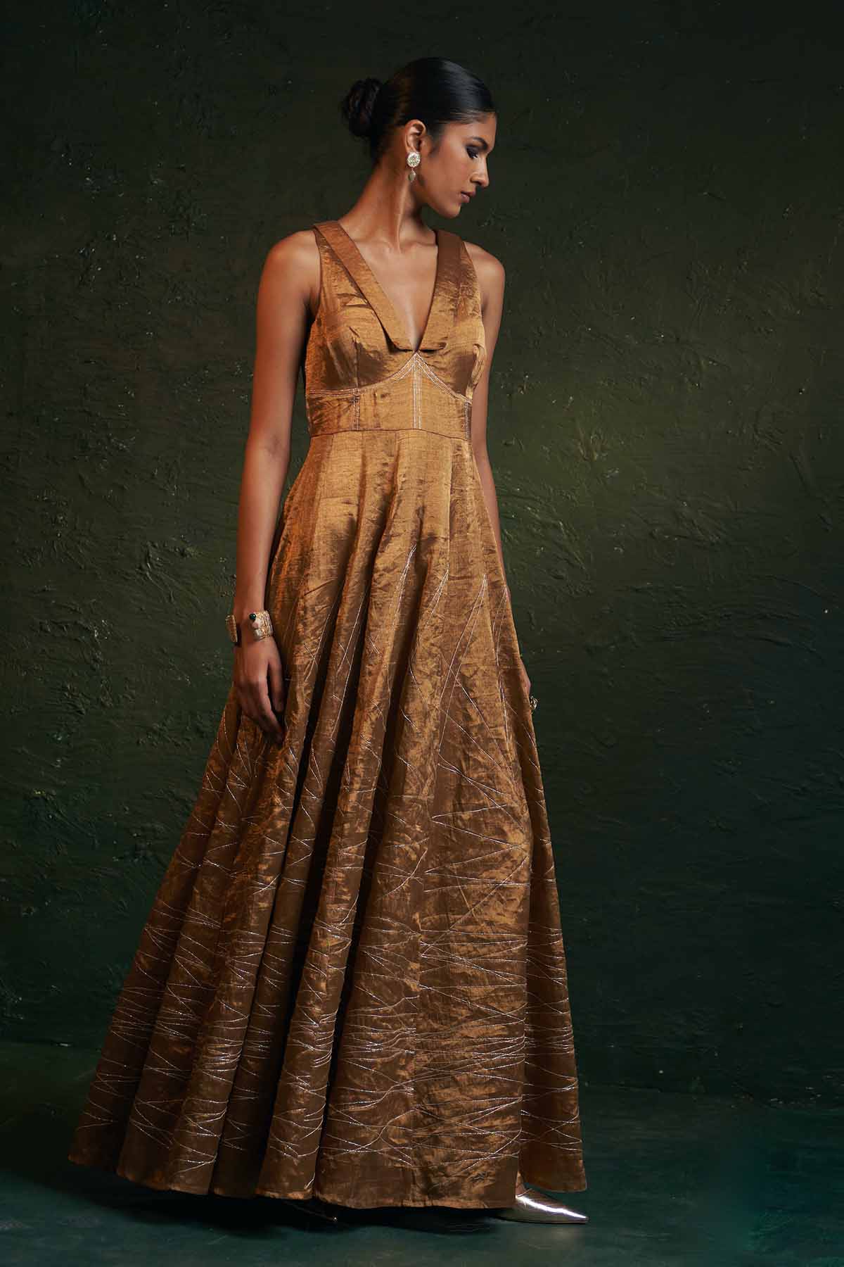 Gold Dori Work V-Neck Dress