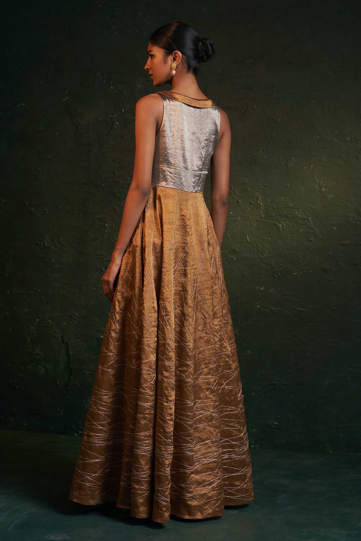 Gold Dori Work V-Neck Dress