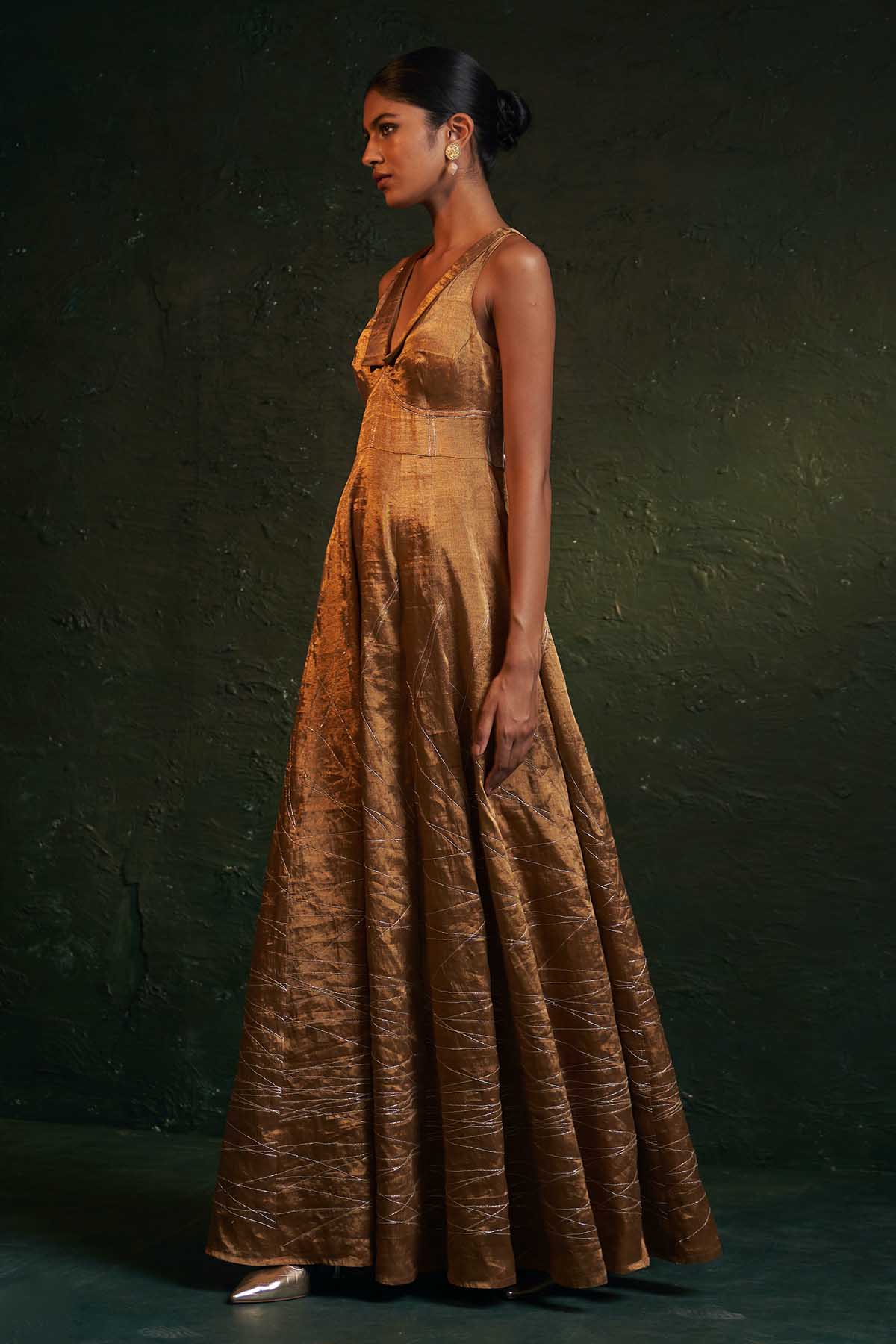 Gold Dori Work V-Neck Dress