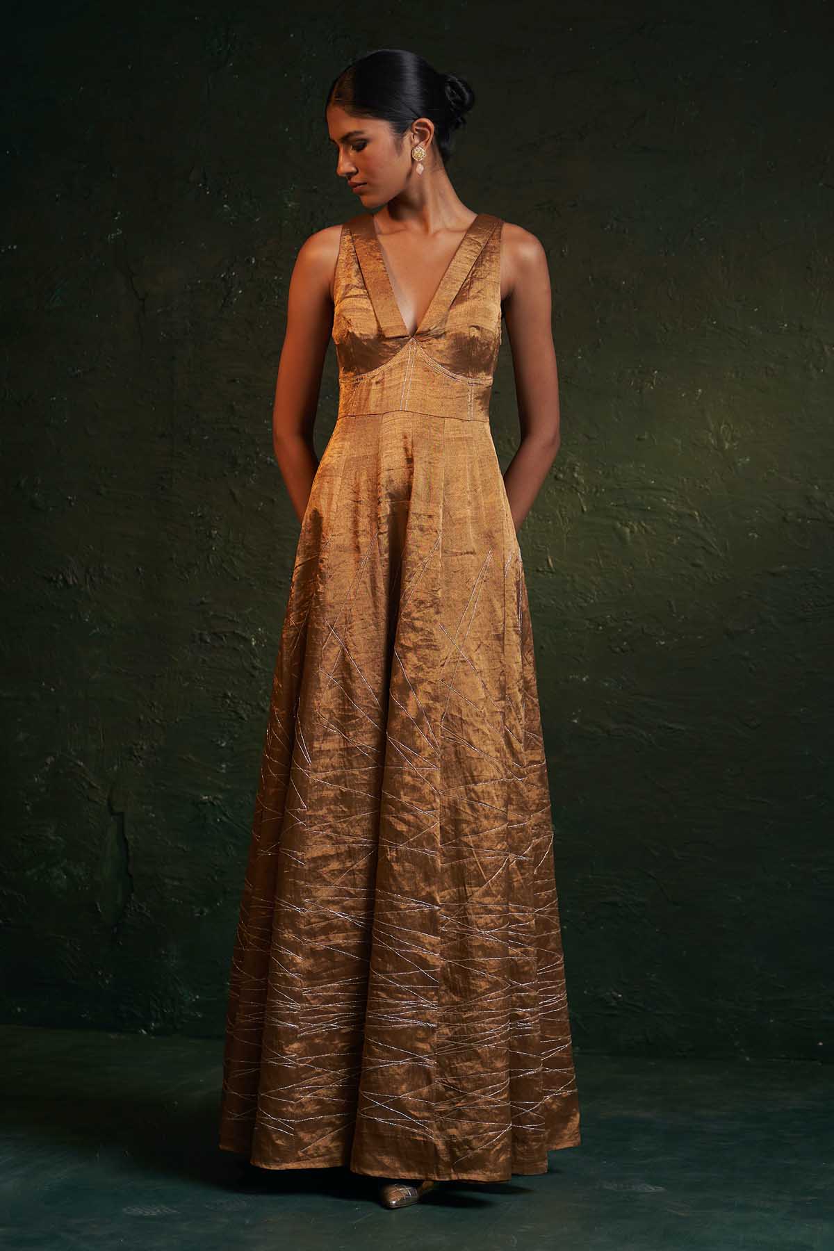 Buy Gold Dori Work V-Neck Dress Online