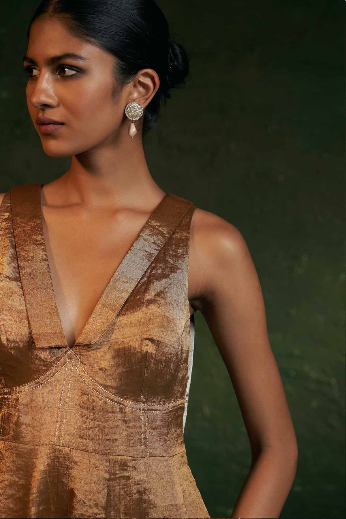 Gold Dori Work V-Neck Dress