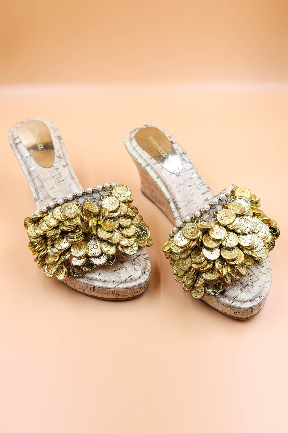 Foot Fuel Gold Embellished Coin Wedges for accessories online at ScrollnShops