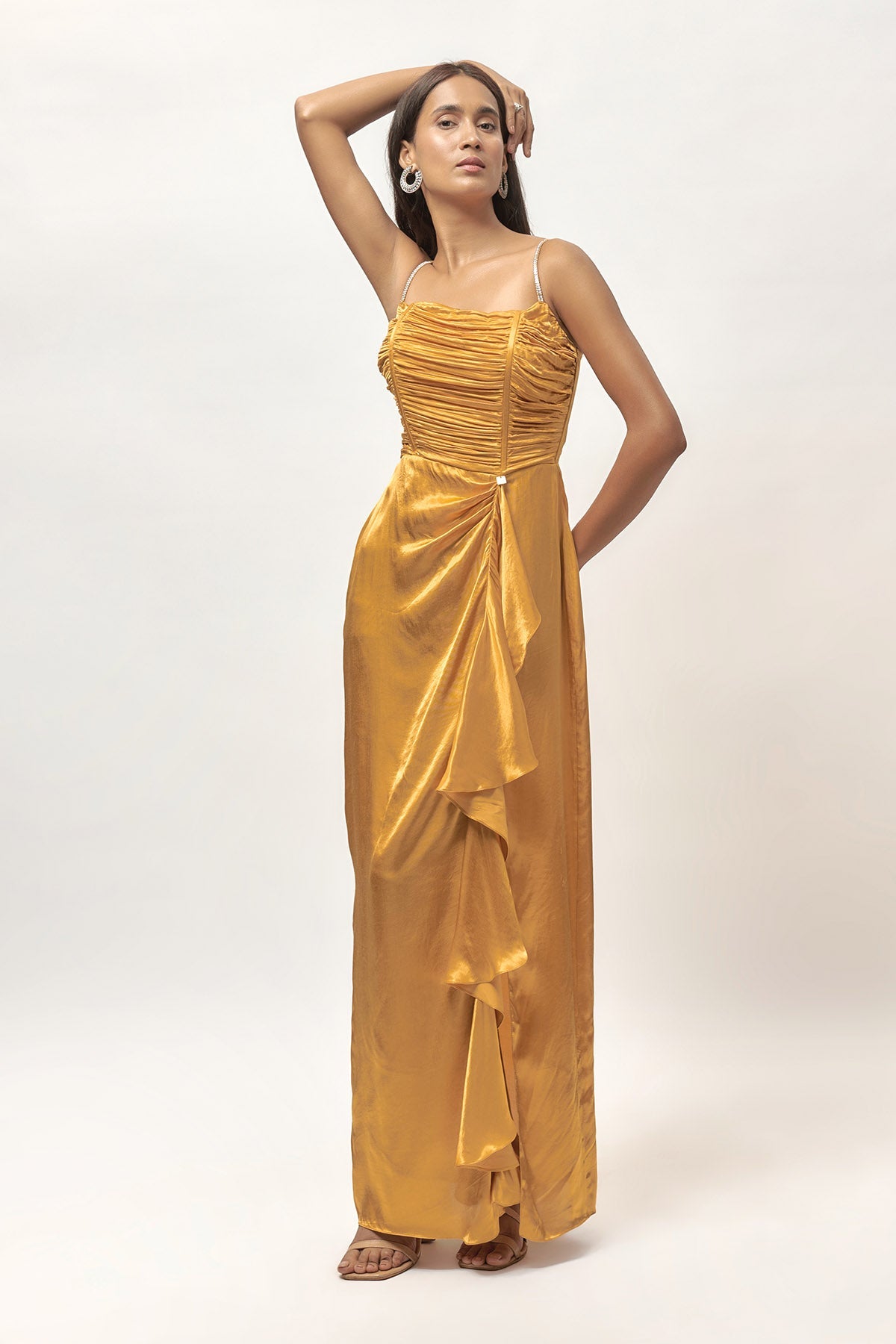 Buy Gold Embellished Drape Dress by Emblaze for women online at ScrollnShops