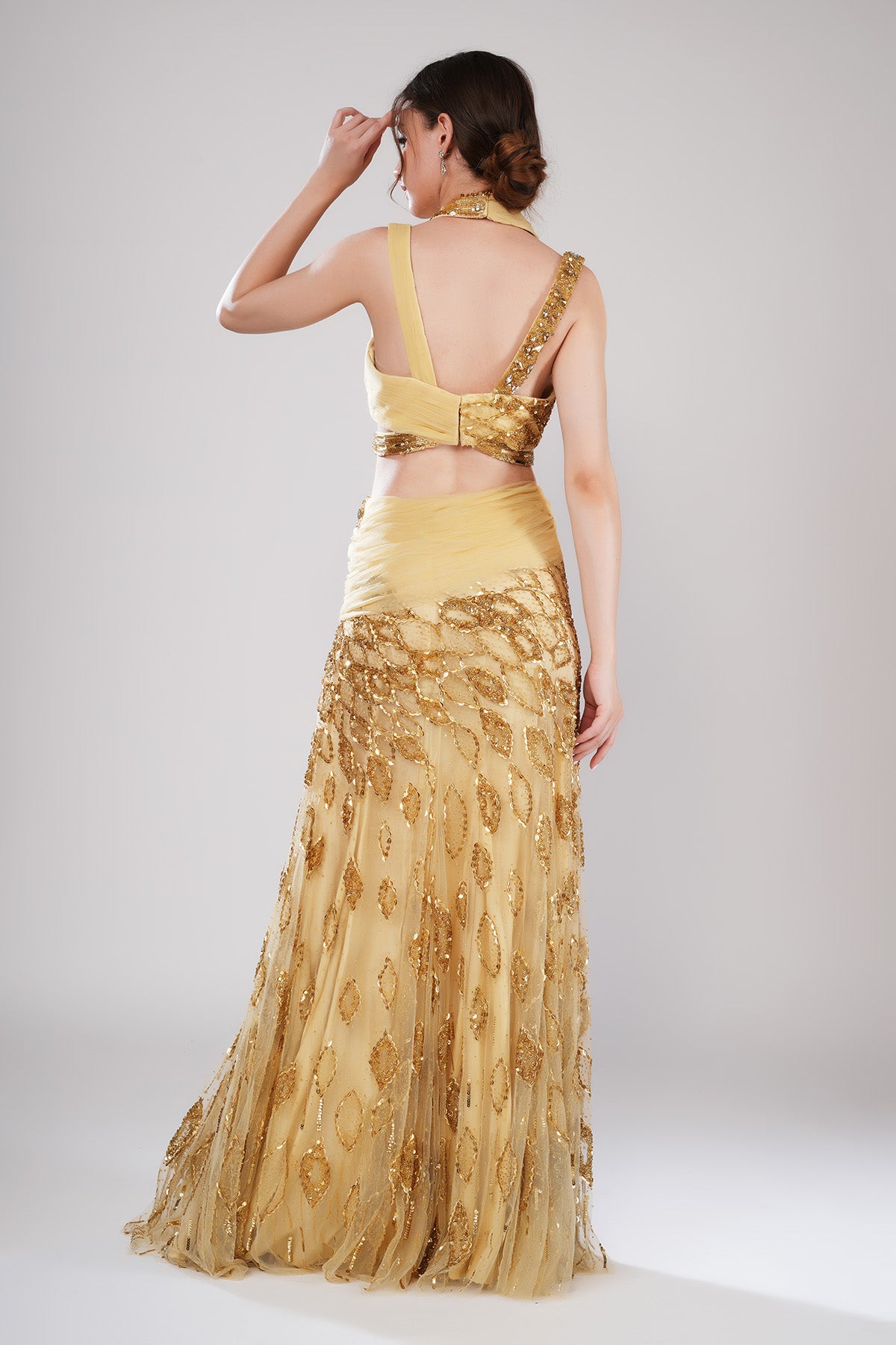 Gold Embellished Pleated Gown