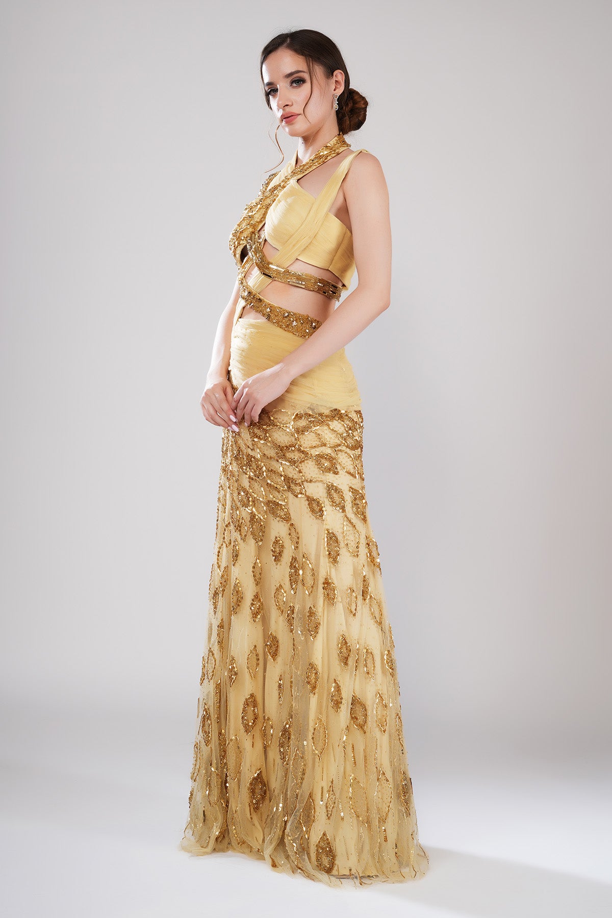 Gold Embellished Pleated Gown