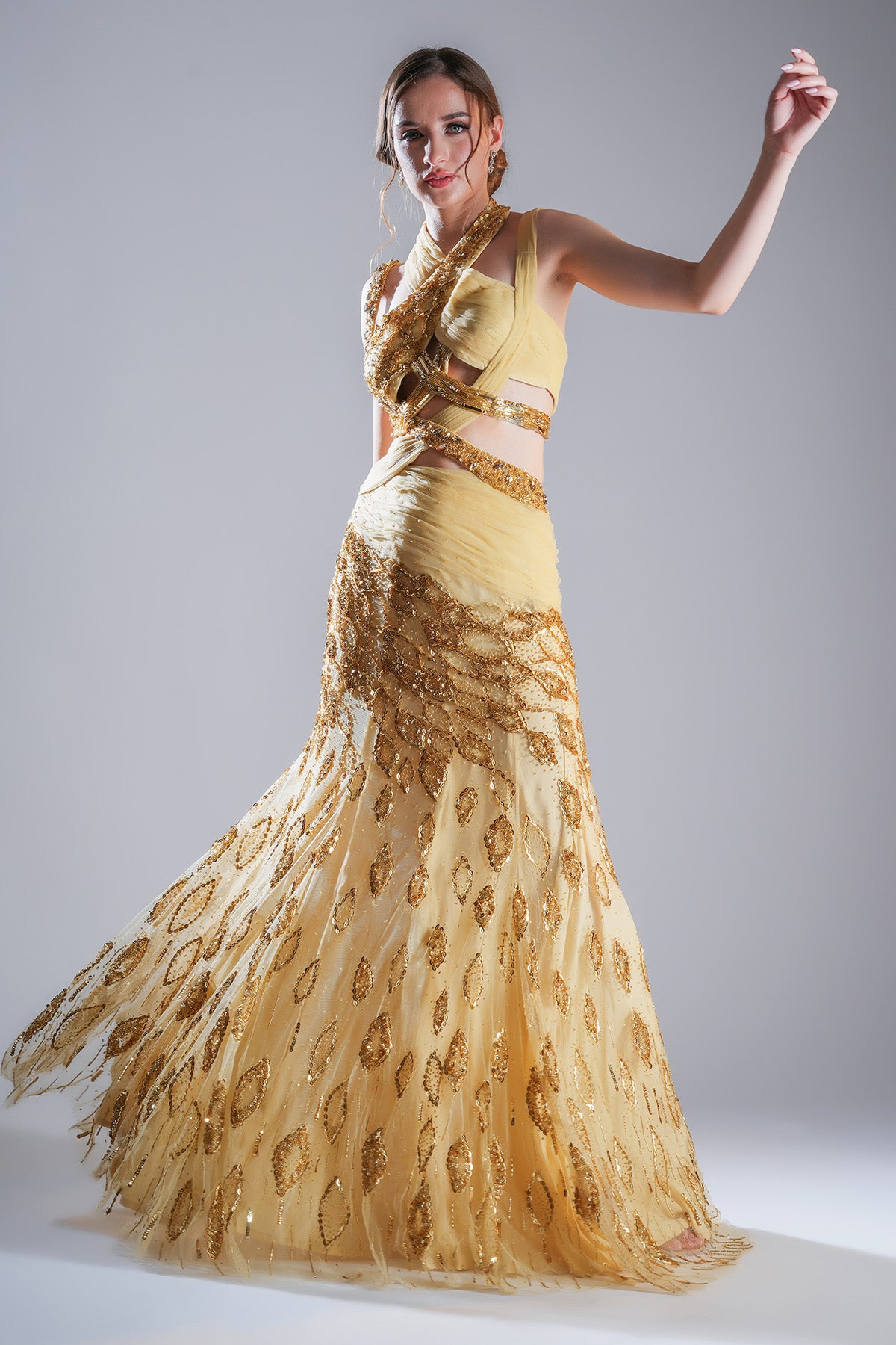 Gold Embellished Pleated Gown