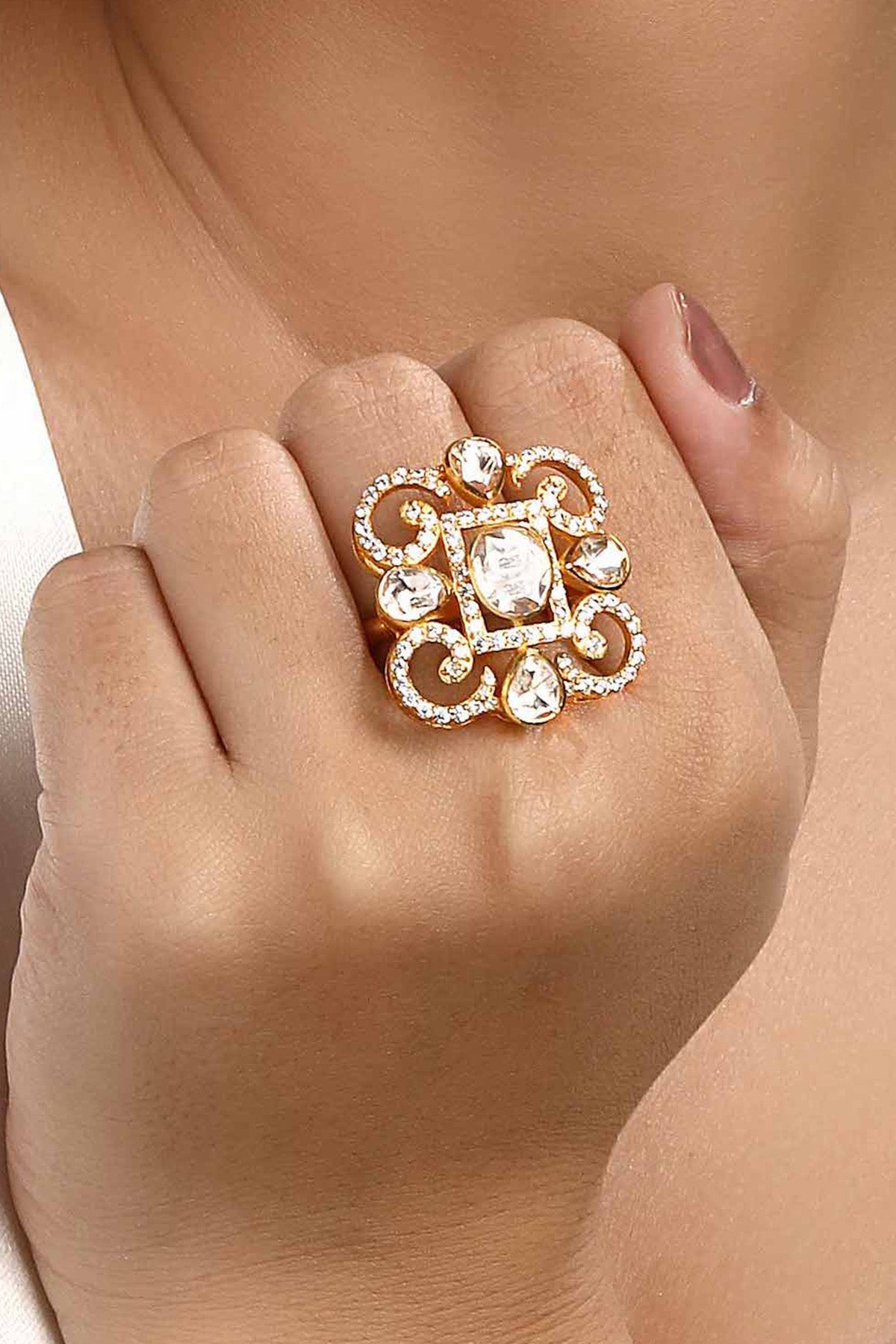 Buy Gold Embellished Polki Ring by Sica for women online at ScrollnShops