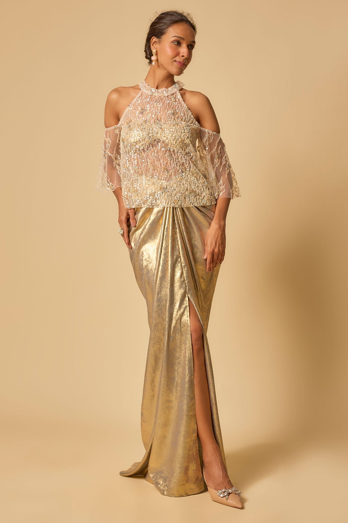 Buy Gold Embroidered Drape Skirt Set by Masumi Mewawalla for women online at ScrollnShops