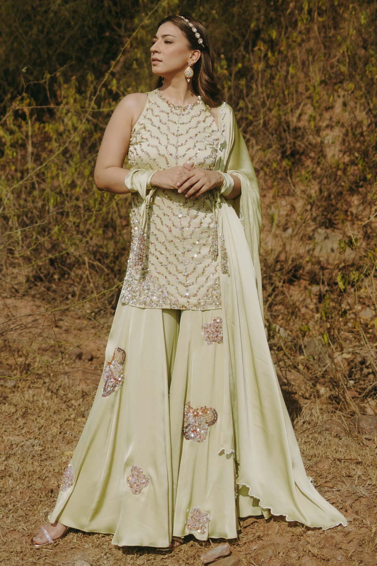 Buy Designer Gold Embroidered Green Kurta Set Online