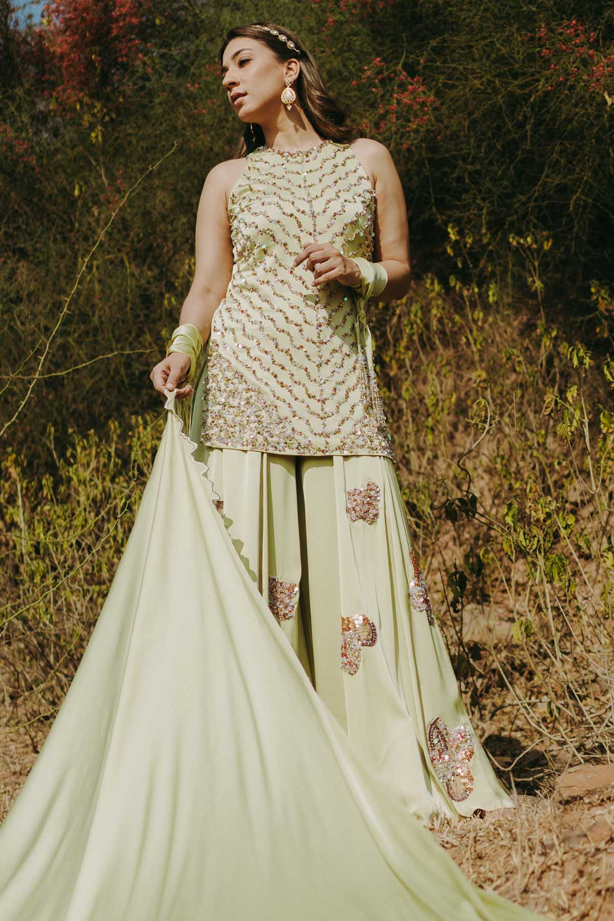 Gold Embroidered Green Kurta Set