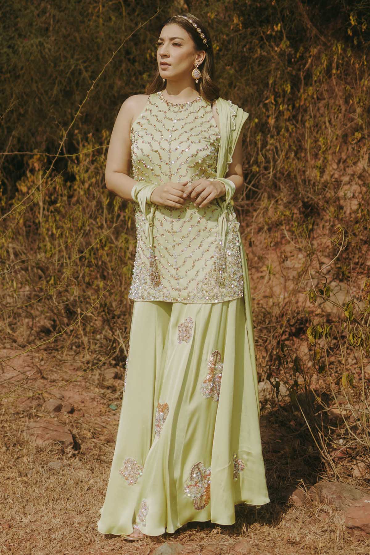 Gold Embroidered Green Kurta Set