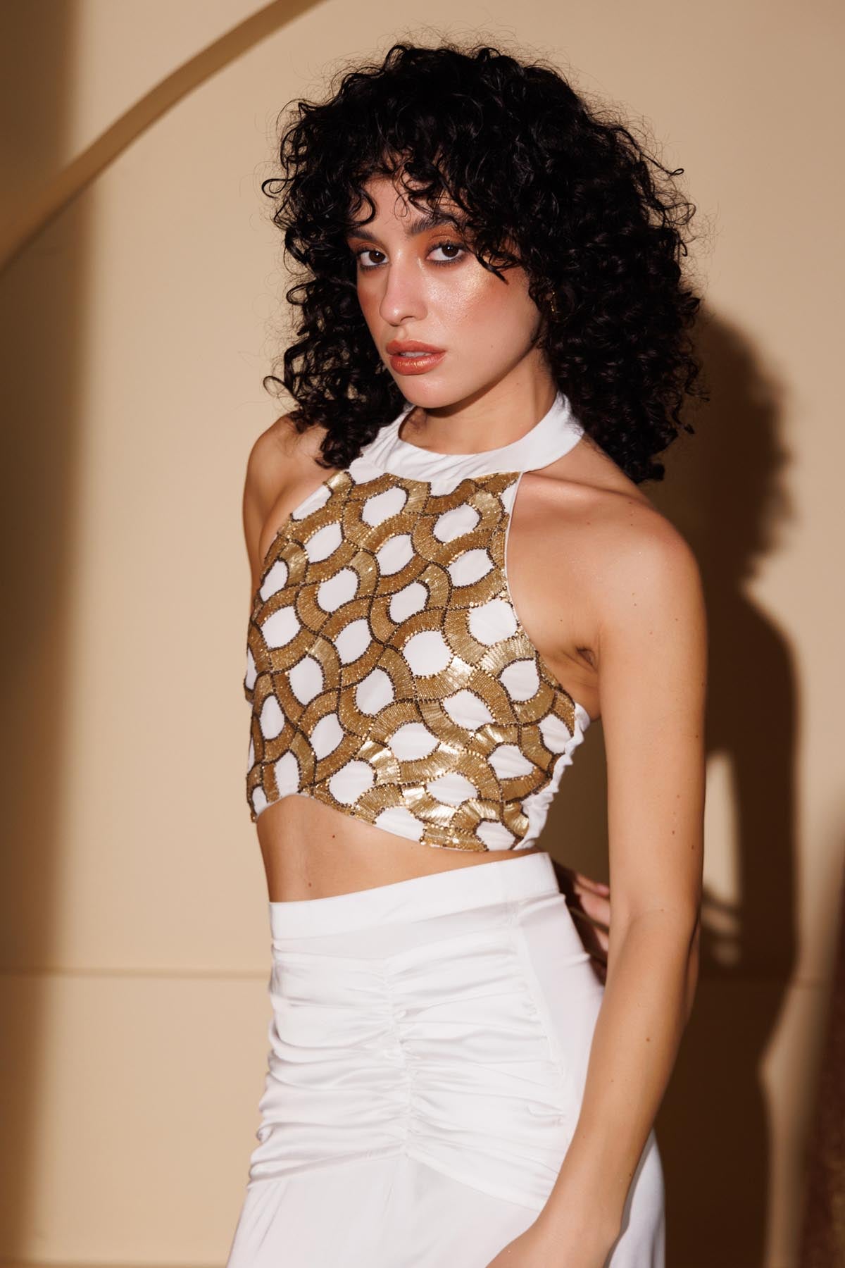 Gold Embroidered Halter Neck Top