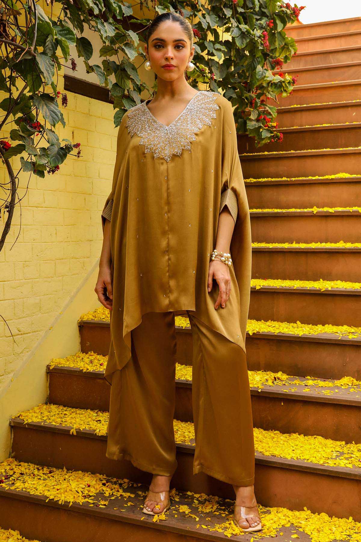 Buy Gold Embroidered Kaftan Set Online