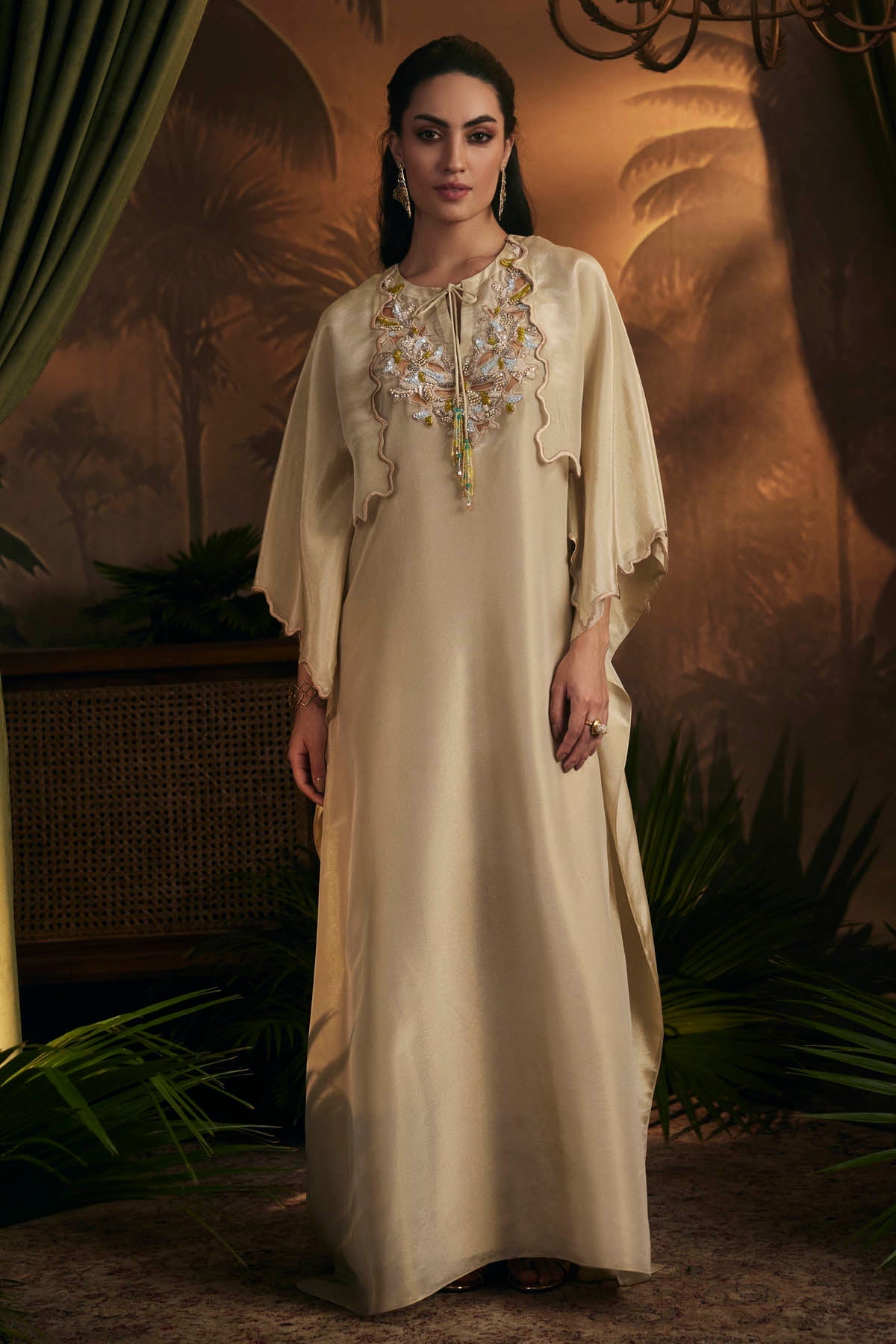 Kaprapan Gold Embroidered Layered Kaftan for women online at ScrollnShops