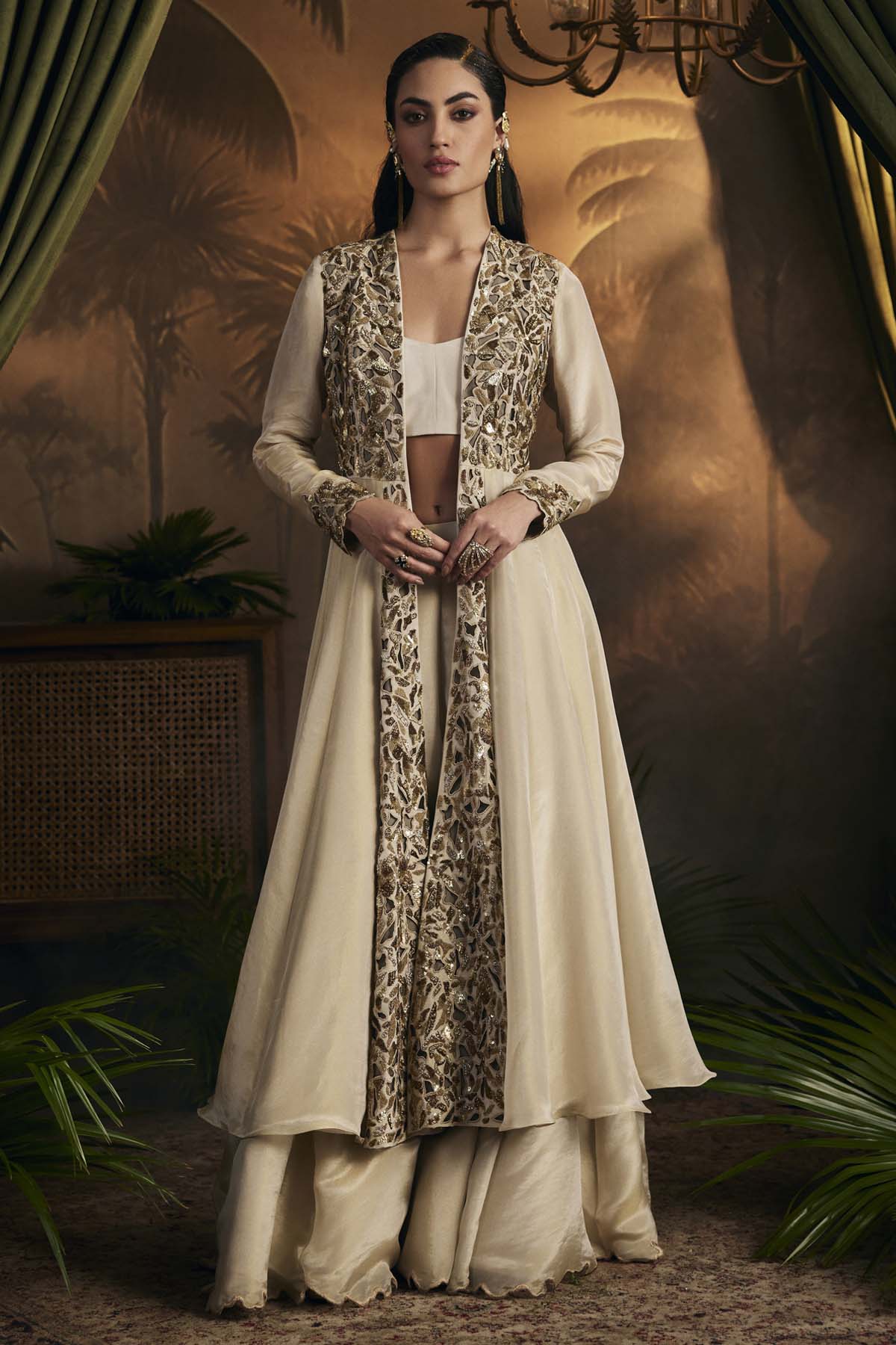 Buy Designer Gold Embroidered Long Jacket Set Online