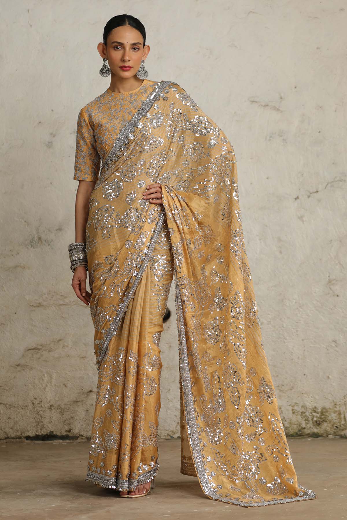 Saksham Neharicka Gold Embroidered Saree & Blouse for women online at ScrollnShops