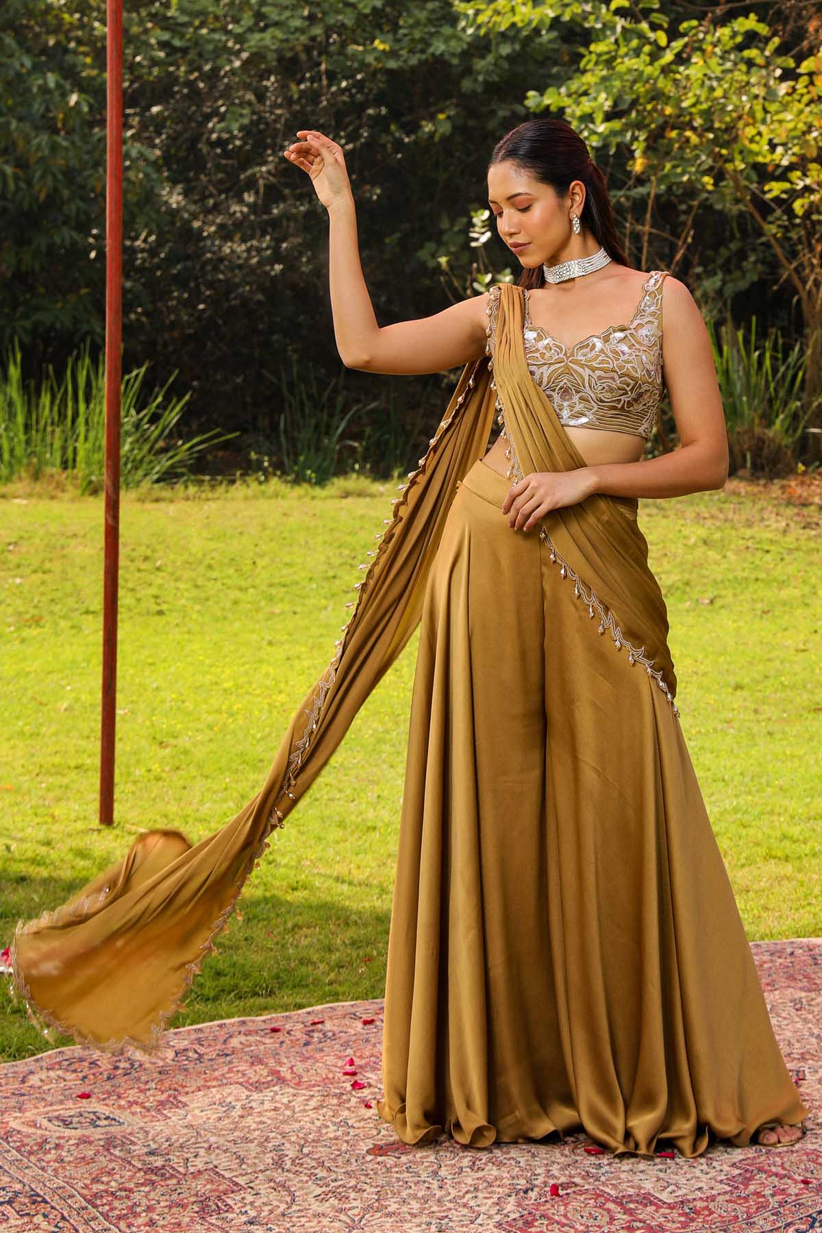 Buy Gold Embroidered Sharara Saree Online