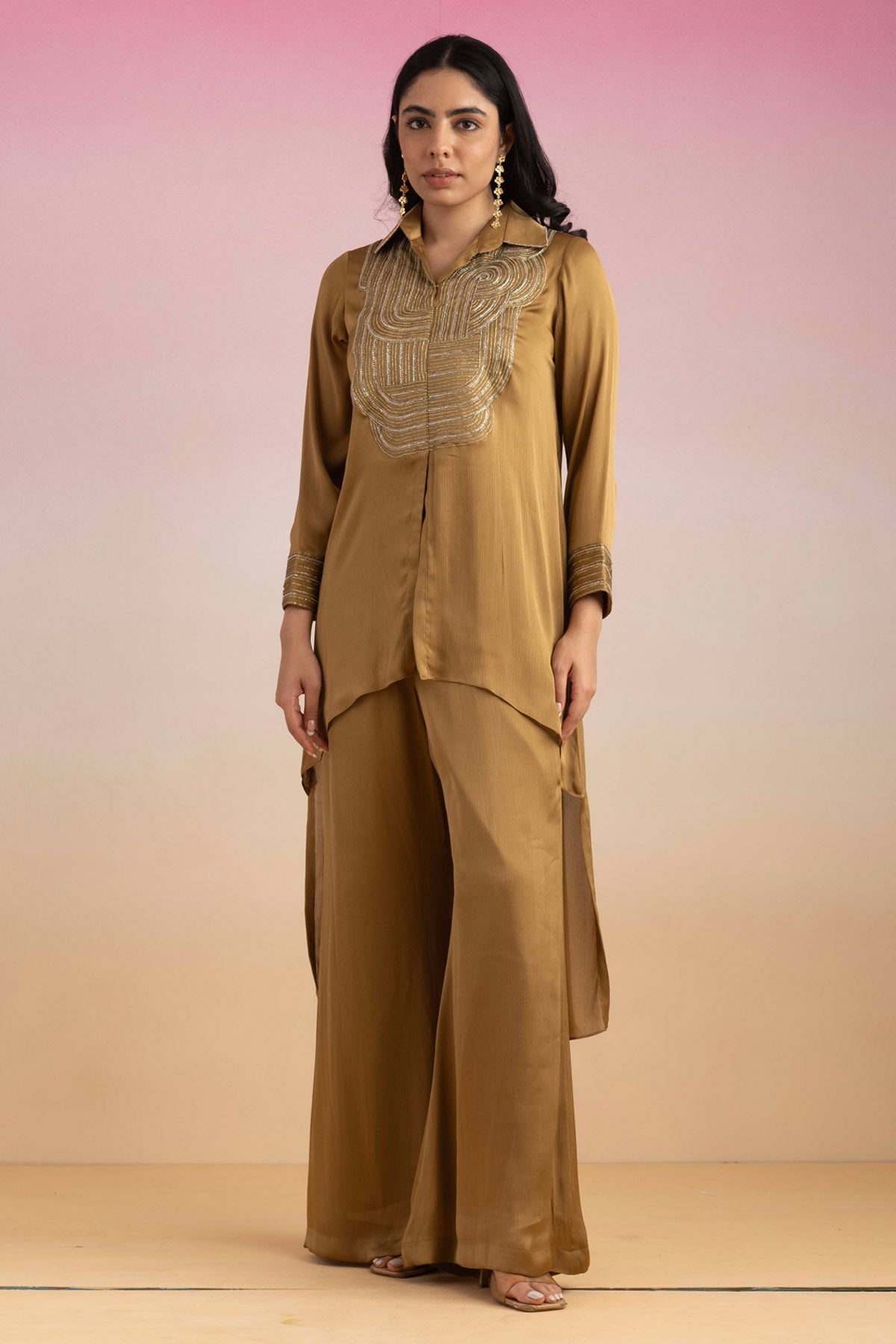 Ajiesh Oberoi Gold Embroidered Shirt & Palazzo for Women online at ScrollnShops