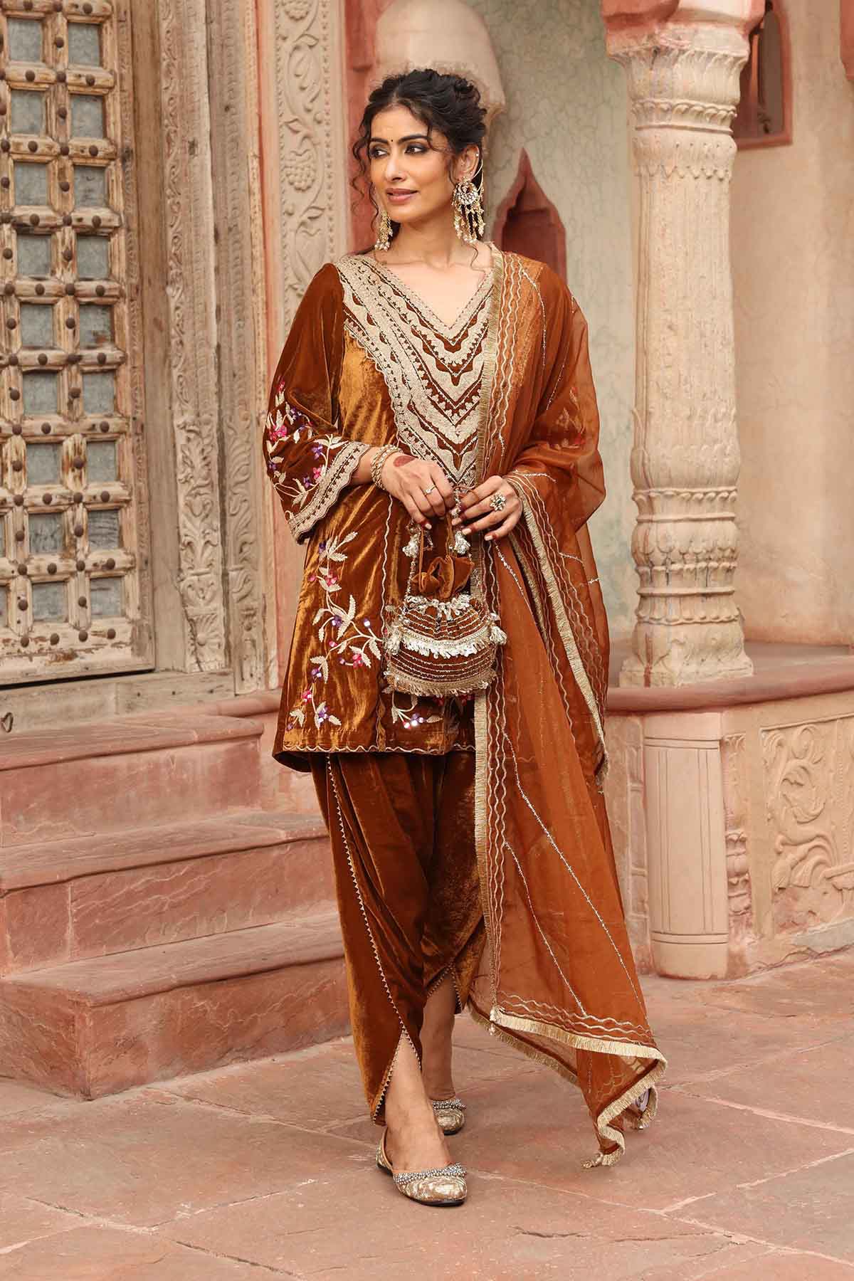 Buy Gold Embroidered Short Kurta Set by Ajiesh Oberoi for women online at ScrollnShops