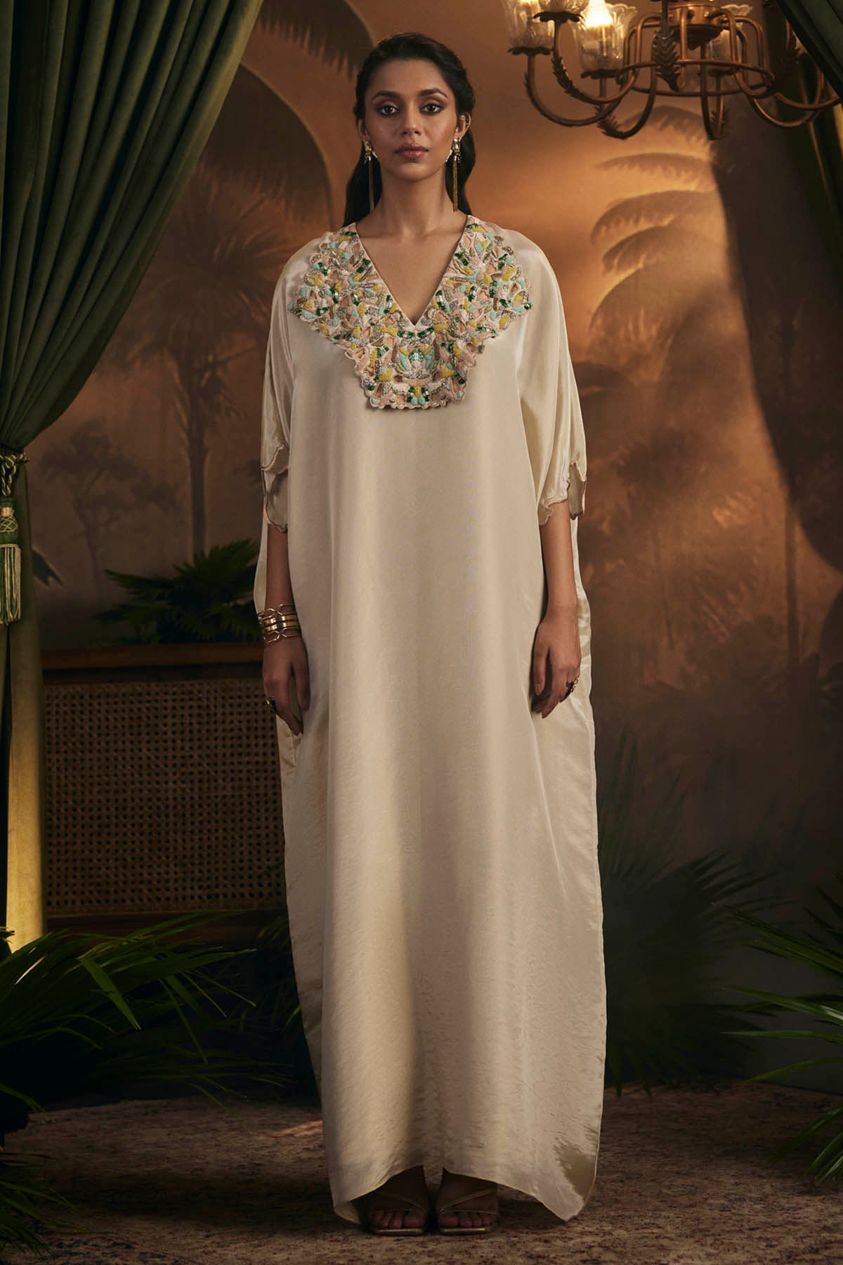 Kaprapan Gold Embroidered V-Neck Kaftan for women online at ScrollnShops