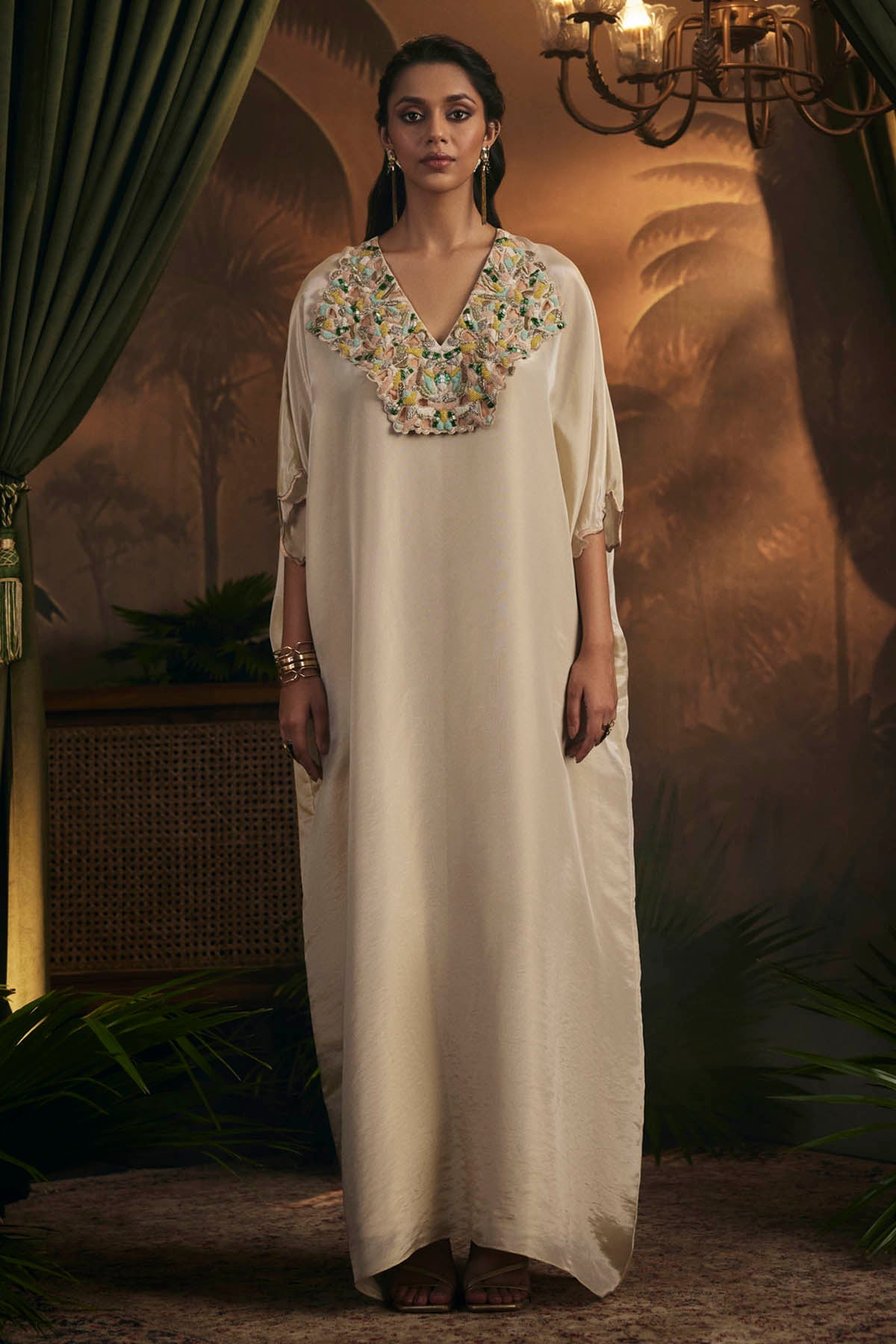 Buy Designer Gold Embroidered V-Neck Kaftan Online