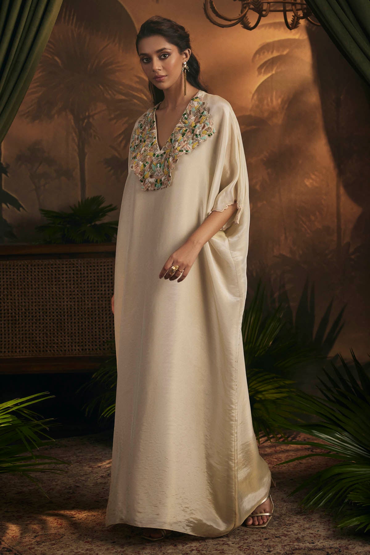 Gold Embroidered V-Neck Kaftan