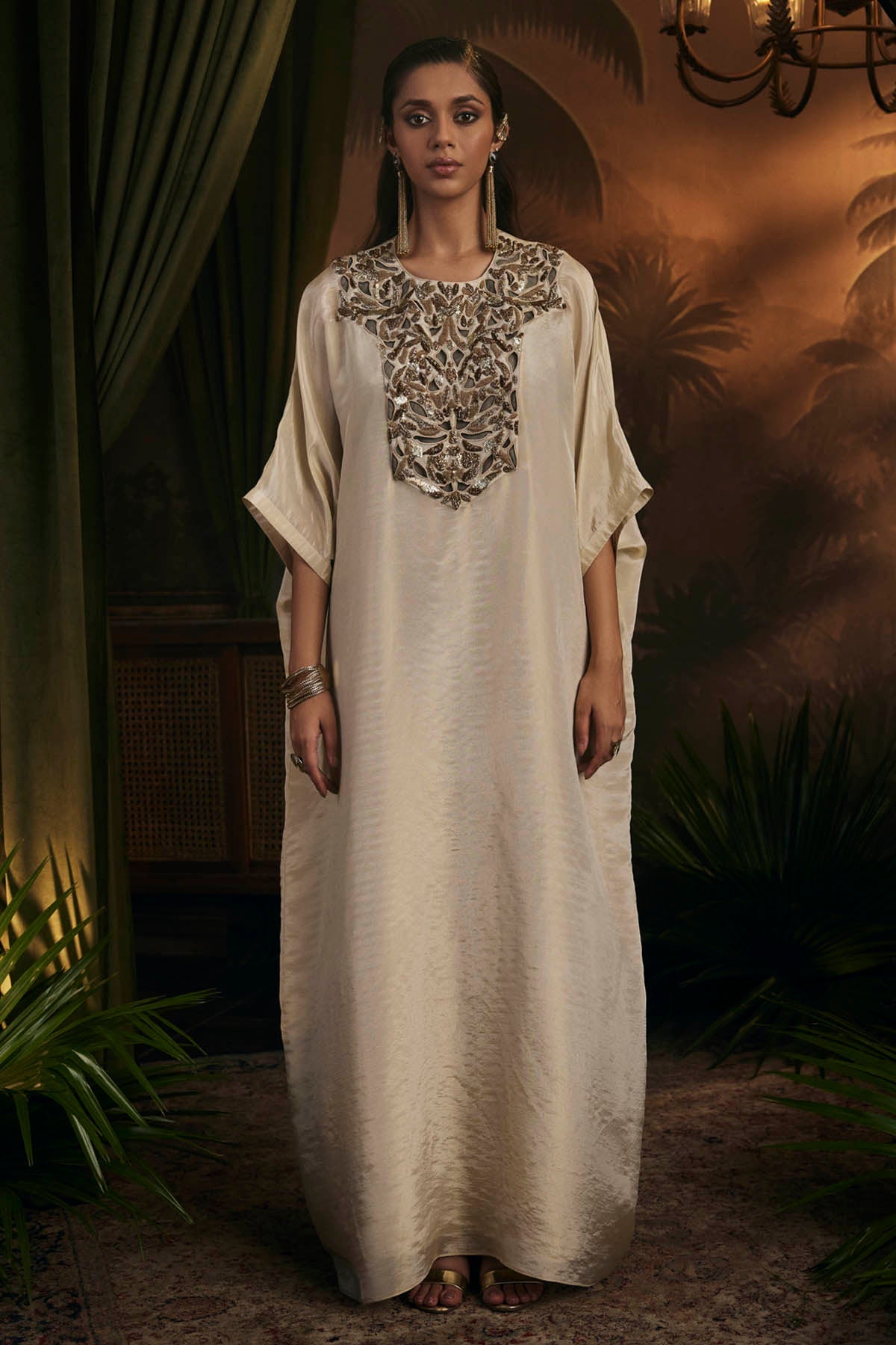 Kaprapan Gold Embroidered Yoke Kaftan for women online at ScrollnShops