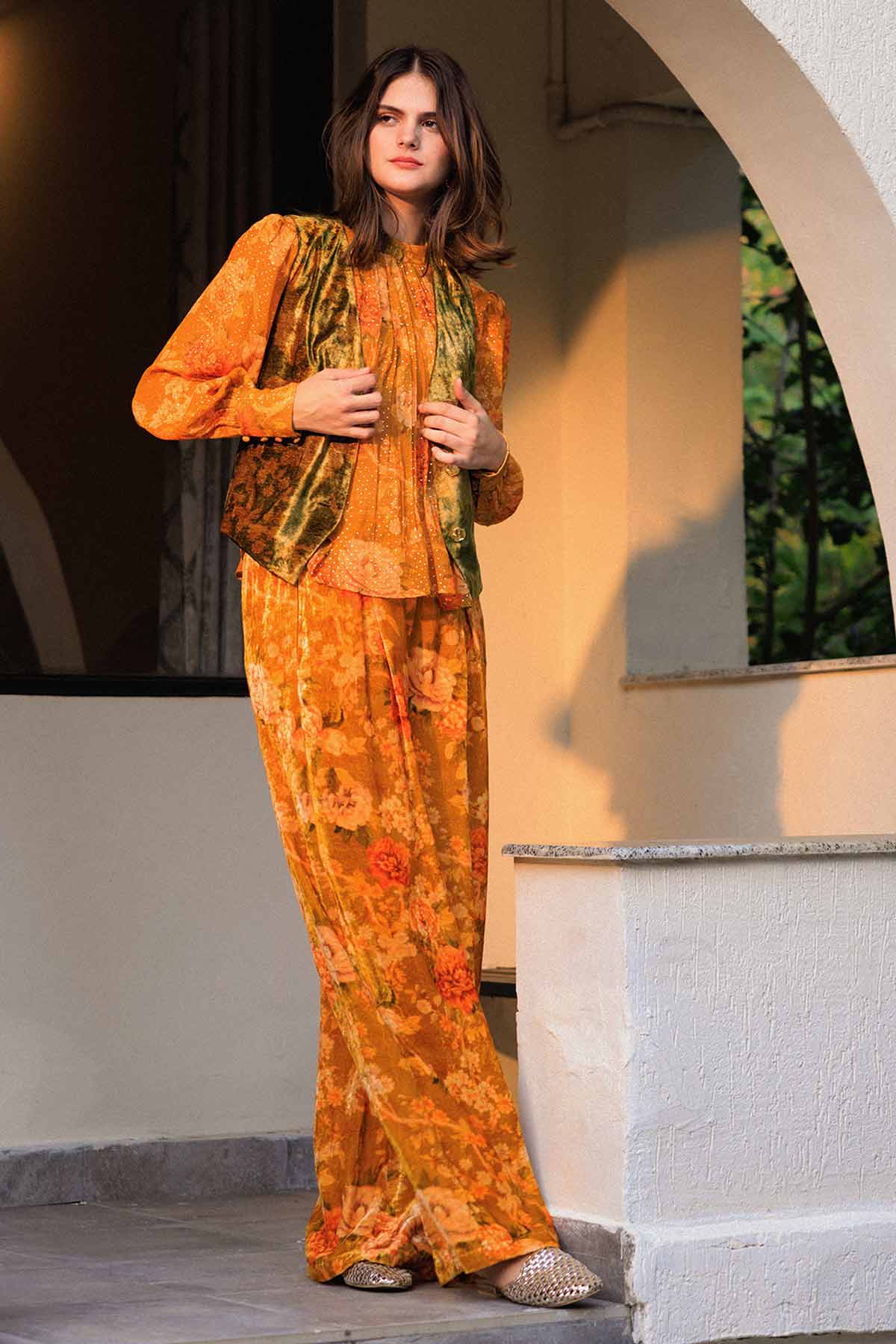 Gold Ethnic Printed Top & Pants