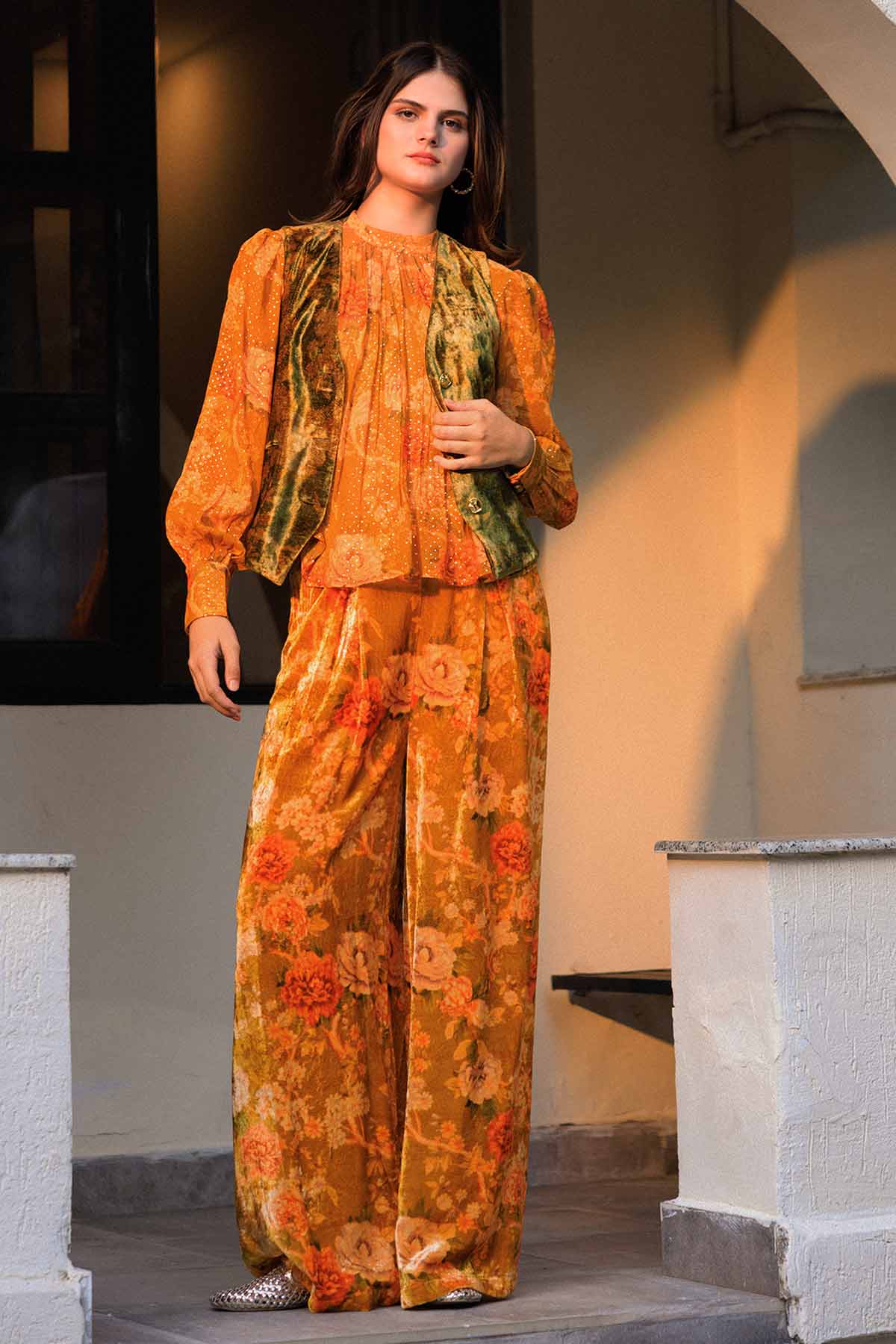 Buy Gold Ethnic Printed Top & Pants for women by Reena Sharma online available at scrollnshops